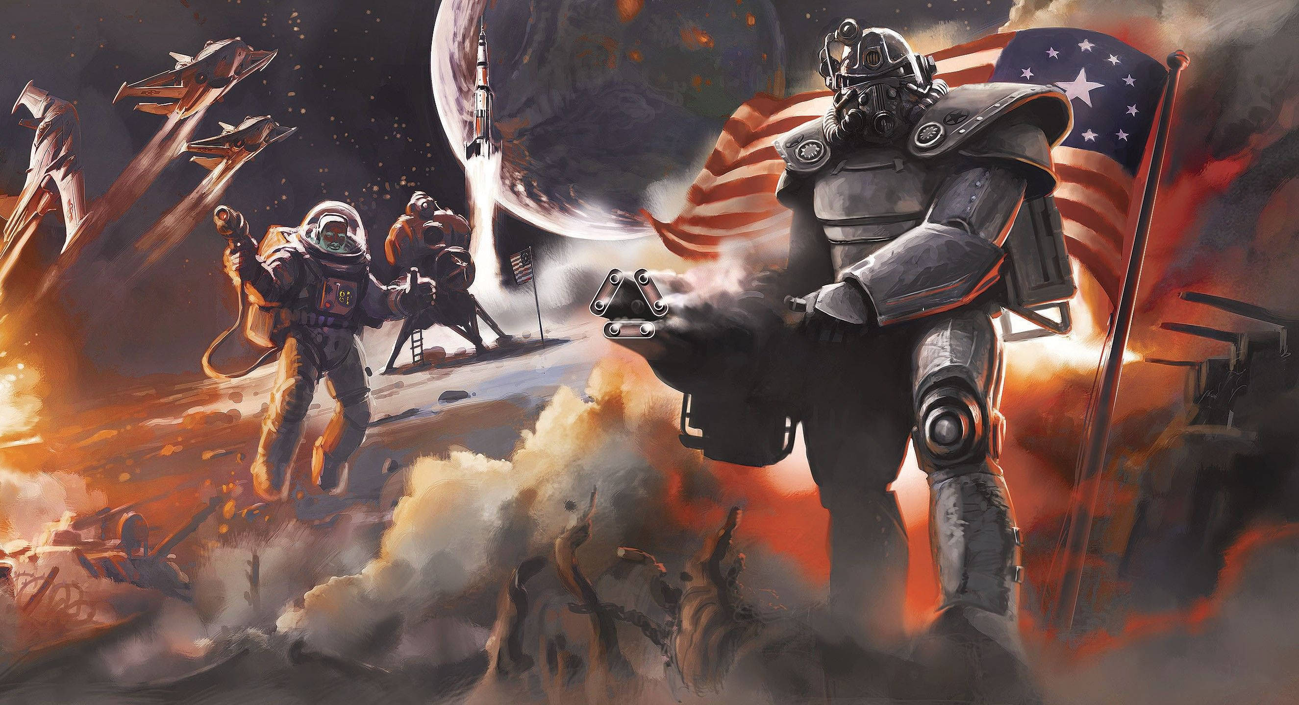 Fallout 4 桌布 壁紙 — 一個身穿重型裝甲的未來戰士，站在一個外星行星的激烈戰鬥中，天空中可見地球。