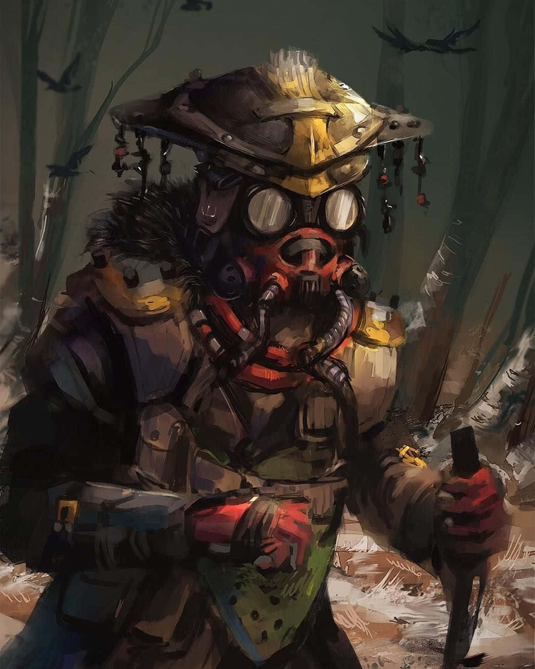 Apex Legends Bloodhound 桌布 壁紙 — 一個身穿重甲、戴著防毒面具和華麗頭盔的人物，站在一個荒涼、鳥群飛翔的森林中，色調柔和的大地色系。