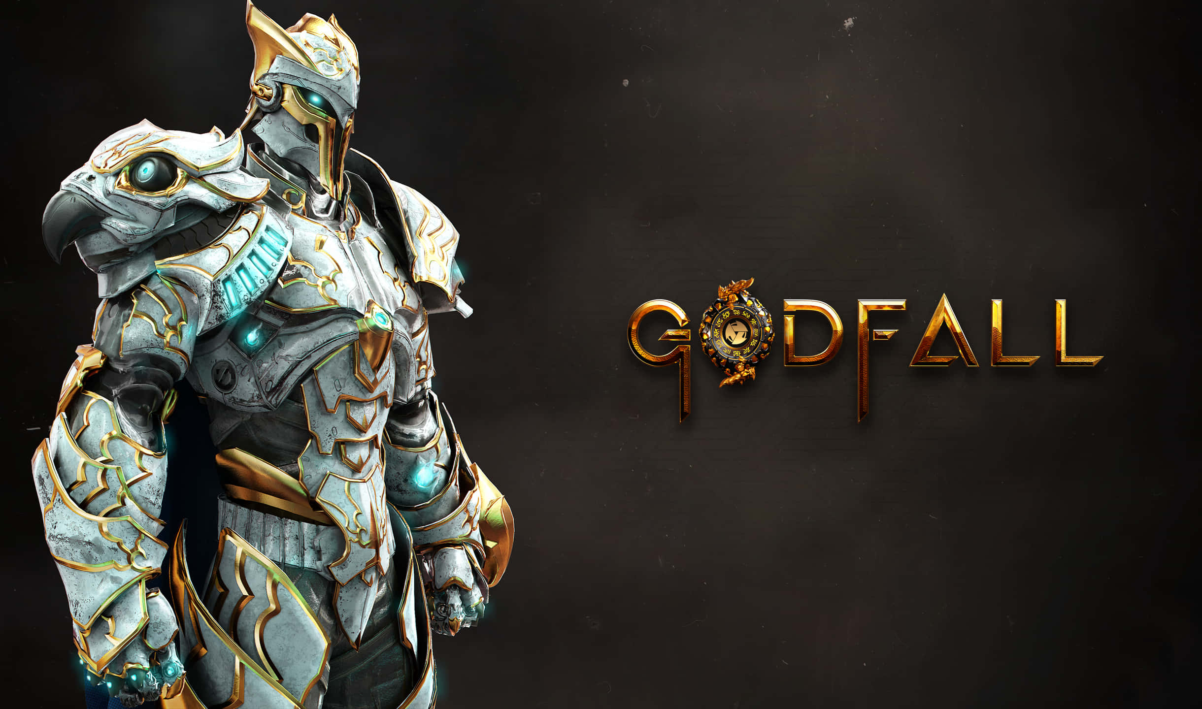 2440x1440 Godfall 桌布 壁紙 — 一個身穿重甲、擁有發光藍色眼睛和金色裝飾的戰士，站在Godfall標誌旁邊，背景是深色紋理。