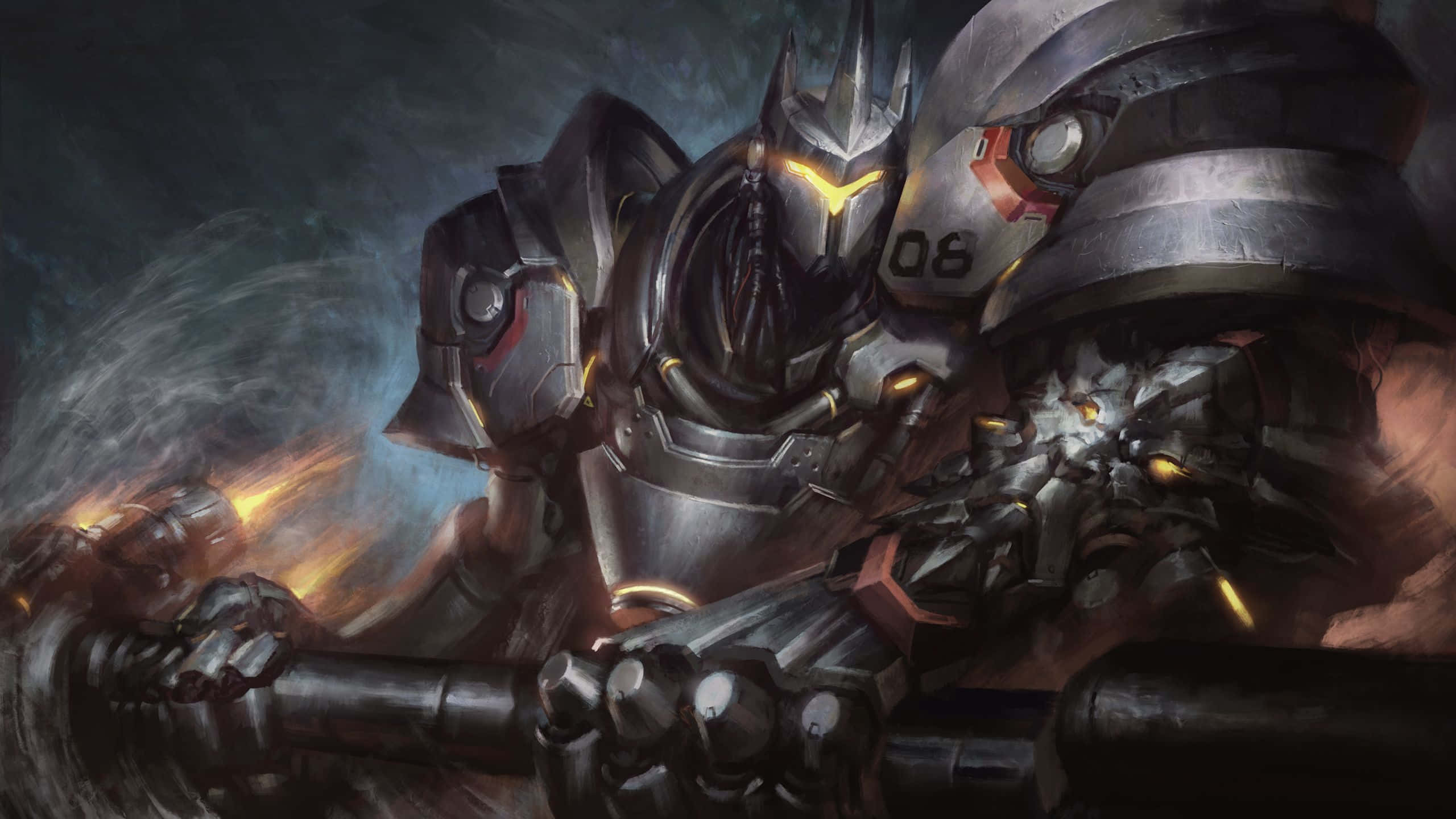 Overwatch Reinhardt 桌布 壁紙 — 一個身穿重甲、擁有發光黃色眼睛、頭盔上帶有06號碼的機甲戰士，在煙霧瀰漫的戰場上發射巨型武器。