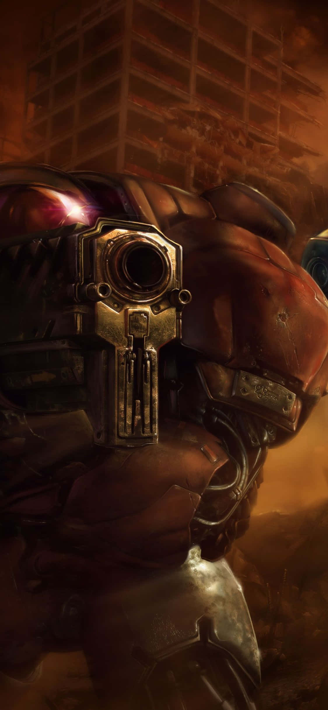 iPhone X Starcraft Ii 桌布 壁紙 — 一個身穿重甲、眼睛發光、手持未來武器的戰士，站在被橙色光芒籠罩的廢墟城市景觀中。