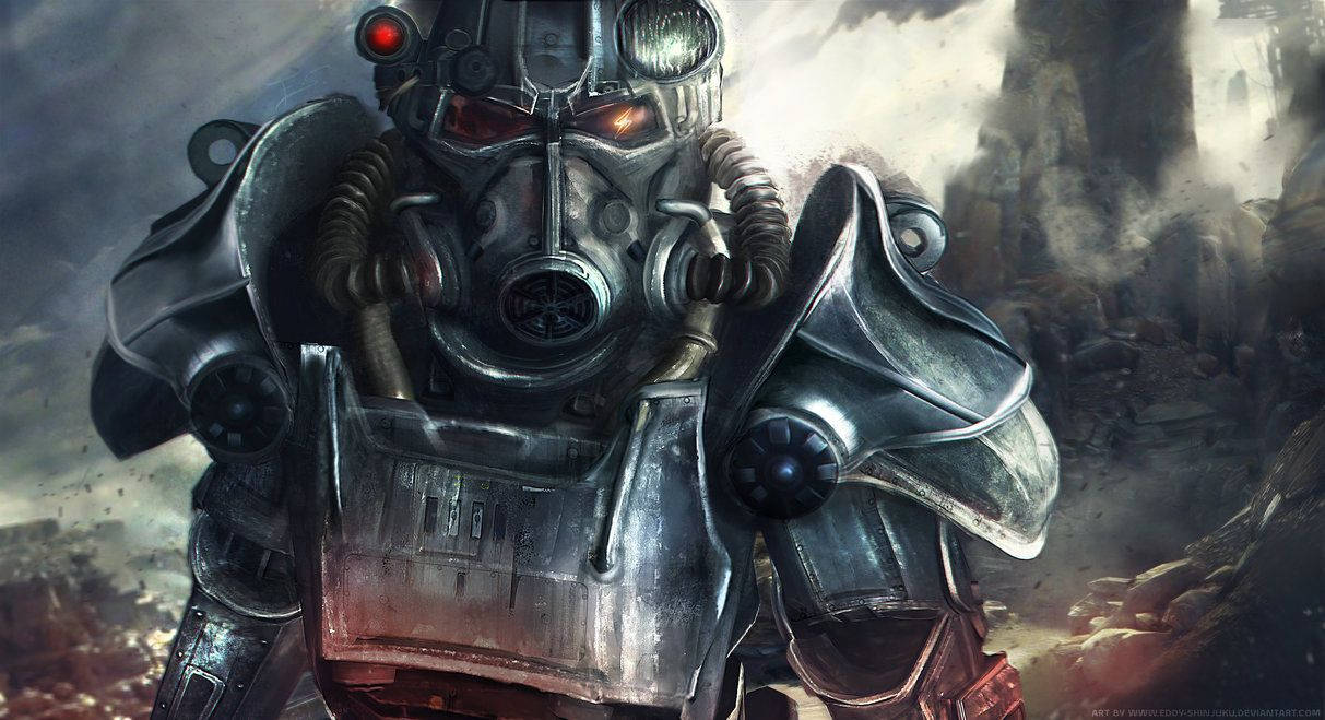 Fallout 4 桌布 壁紙 — 一個身穿重甲、雙眼發出紅光的廢土戰士，在煙霧瀰漫的廢墟城市景觀中挑釁地站立。