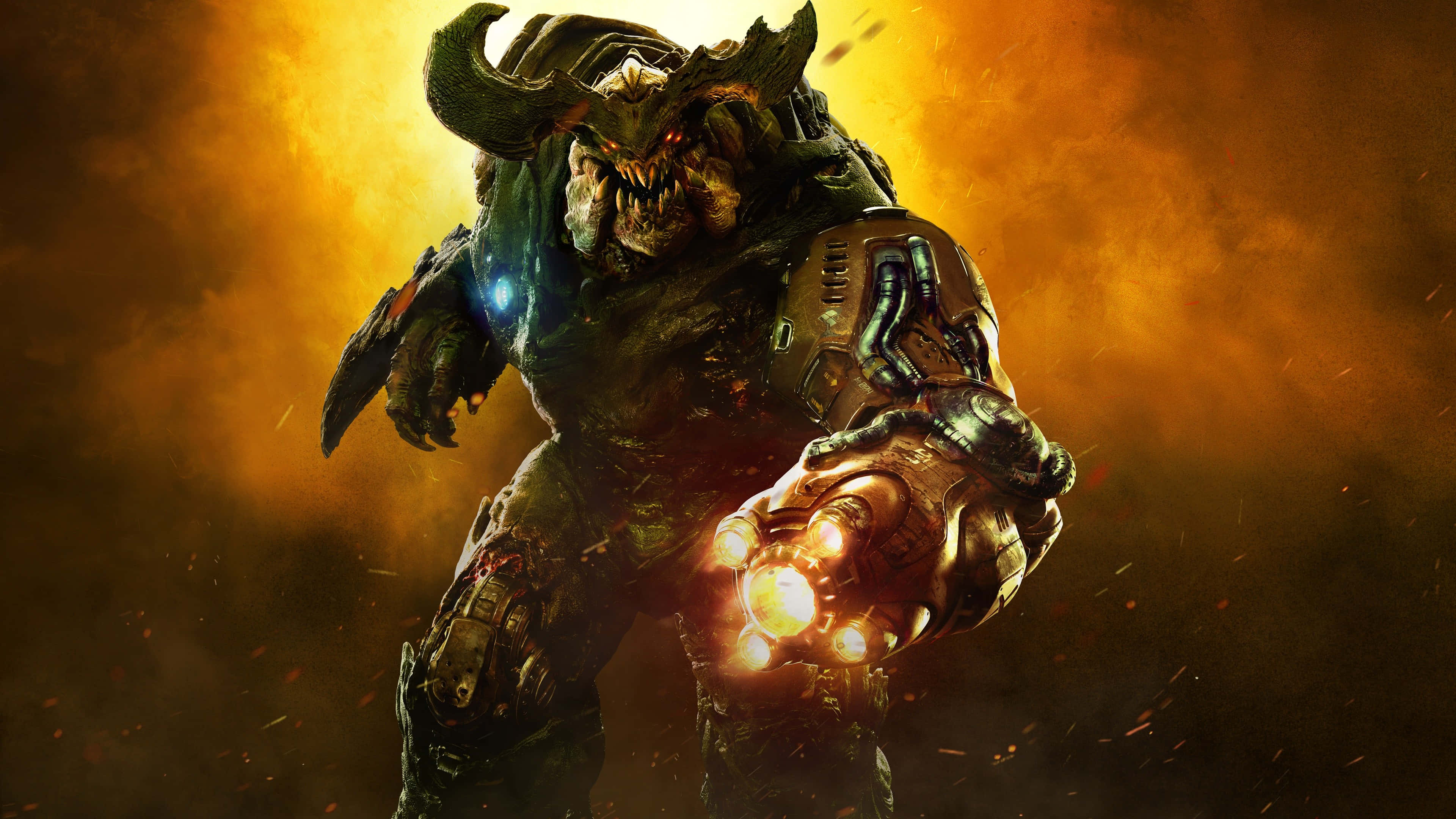 Doom 2016 桌布 壁紙 — 一個身穿重甲、頭上有角的威脅性戰士，在熾熱的橙色背景下握著發光的能量武器。