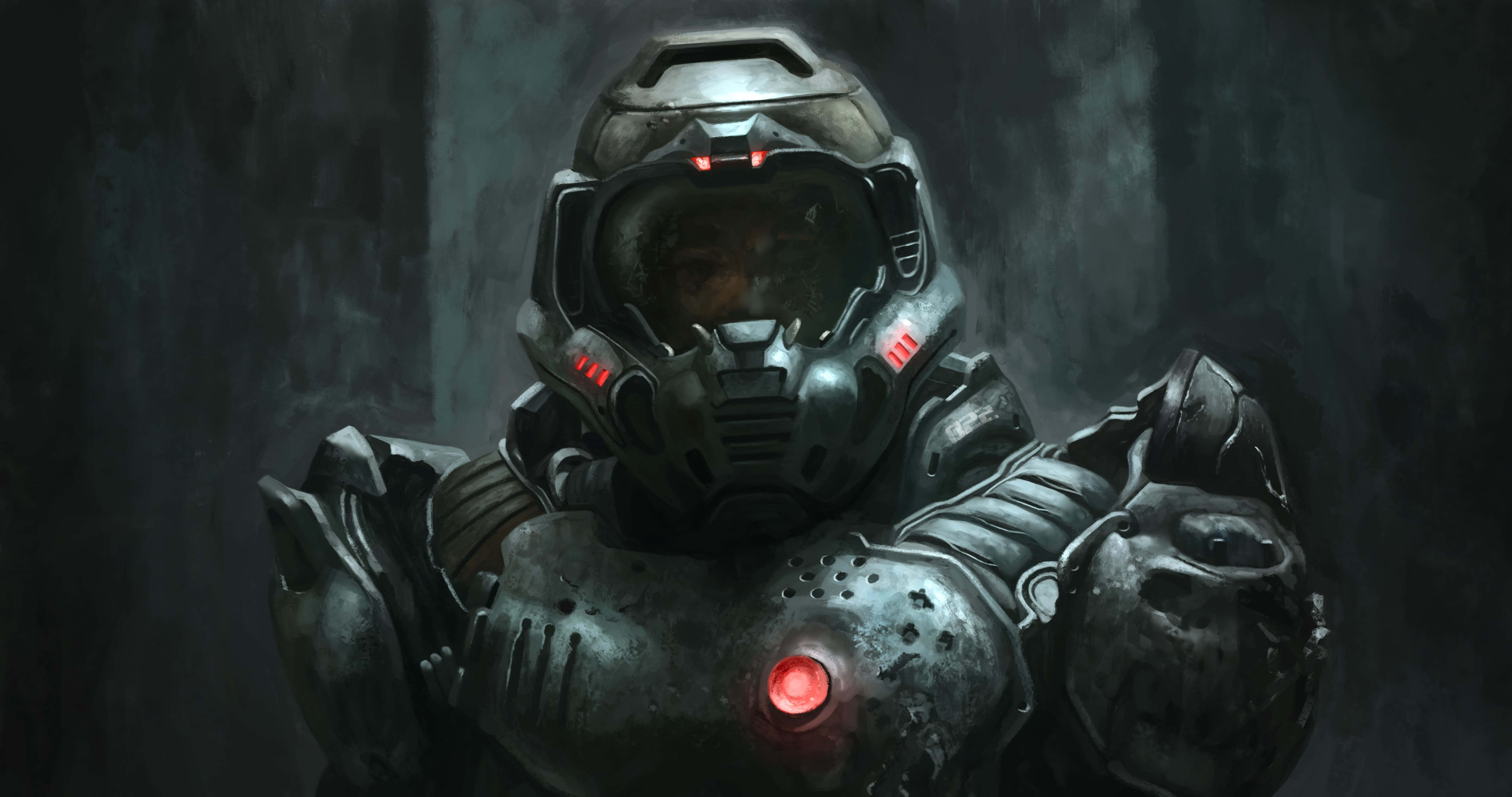 Doom 2016 桌布 壁紙 — 一個身穿重甲的士兵，身處黑暗、粗糙的環境，頭盔和胸口有發光的紅燈。