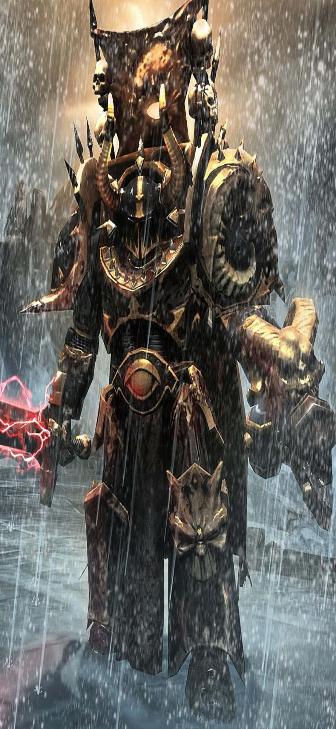 iPhone X Dawn Of War Iii 桌布 壁紙 — 一個身穿重甲的惡魔戰士，在暴雨中散發著發光的紅色能量，在黑暗奇幻場景中威風凜凜地站立。