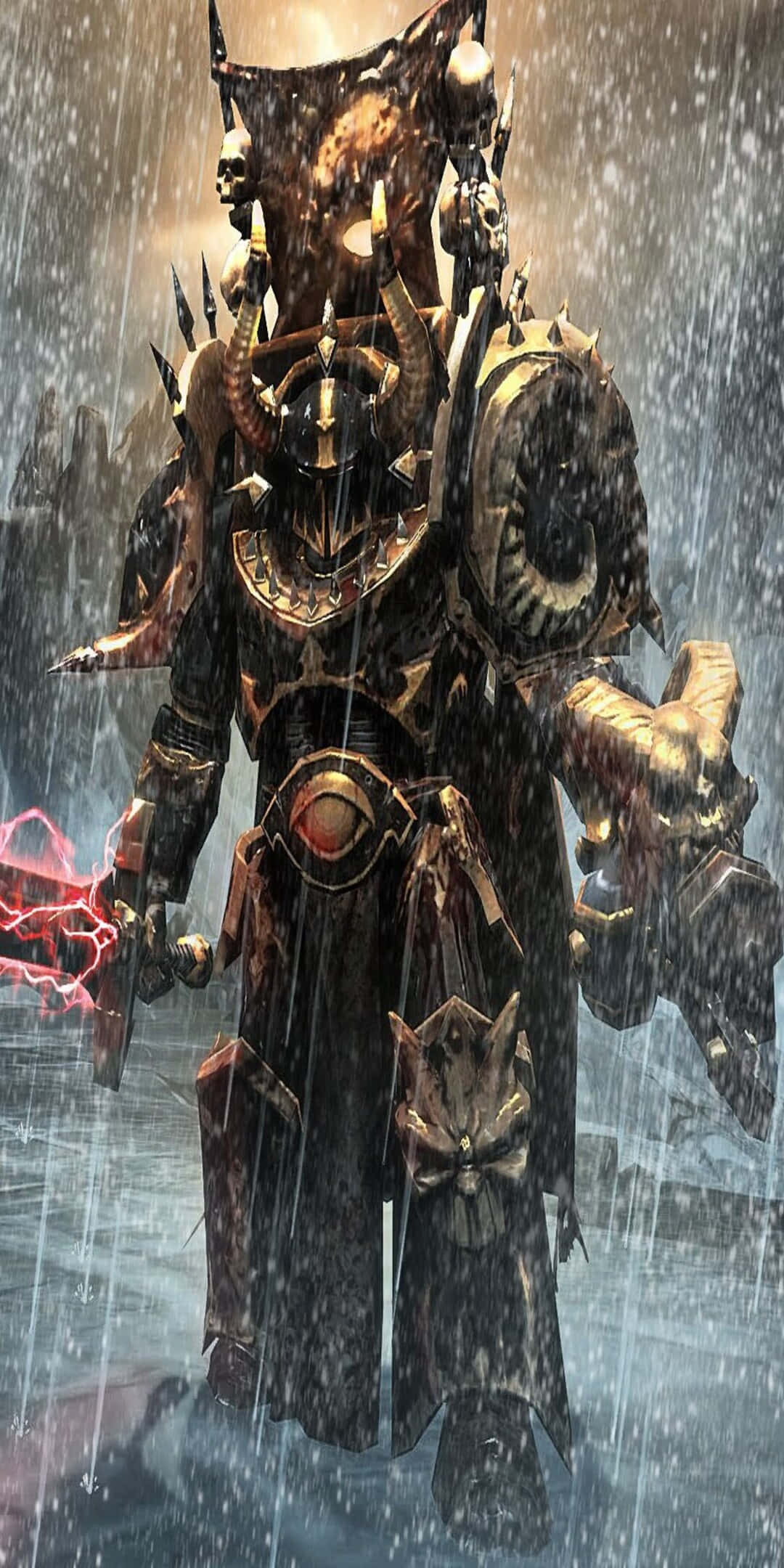 電玩遊戲 桌布 壁紙 — 一個身穿重甲的惡魔戰士，在暴雨中散發著紅色能量，站在黑暗陰沉的環境中。