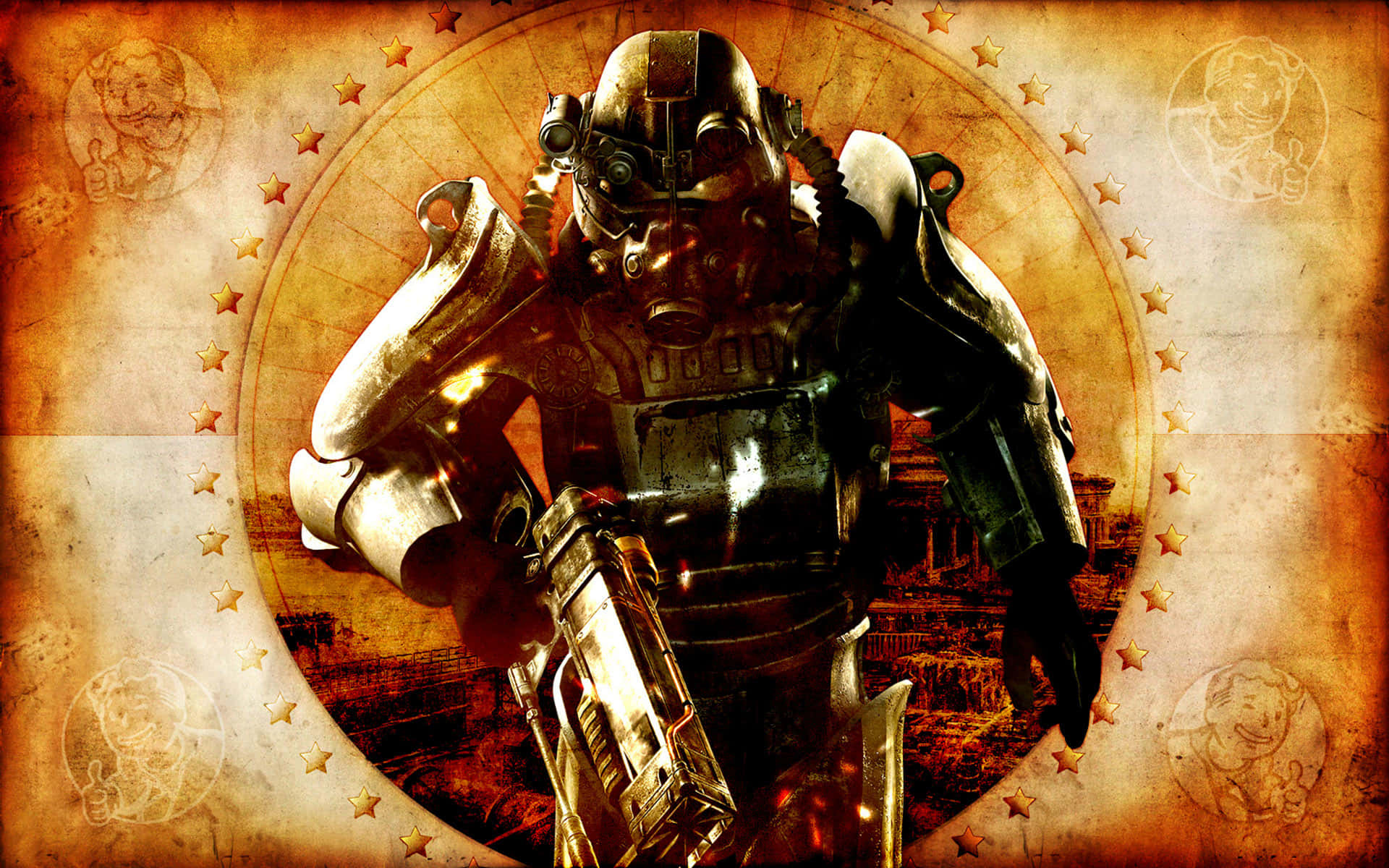 Fallout Brotherhood Of Steel 桌布 壁紙 — 一個身穿重甲的粗獷末日後戰士，在帶有星星和褪色肖像的鏽蝕圓形背景前手持武器。
