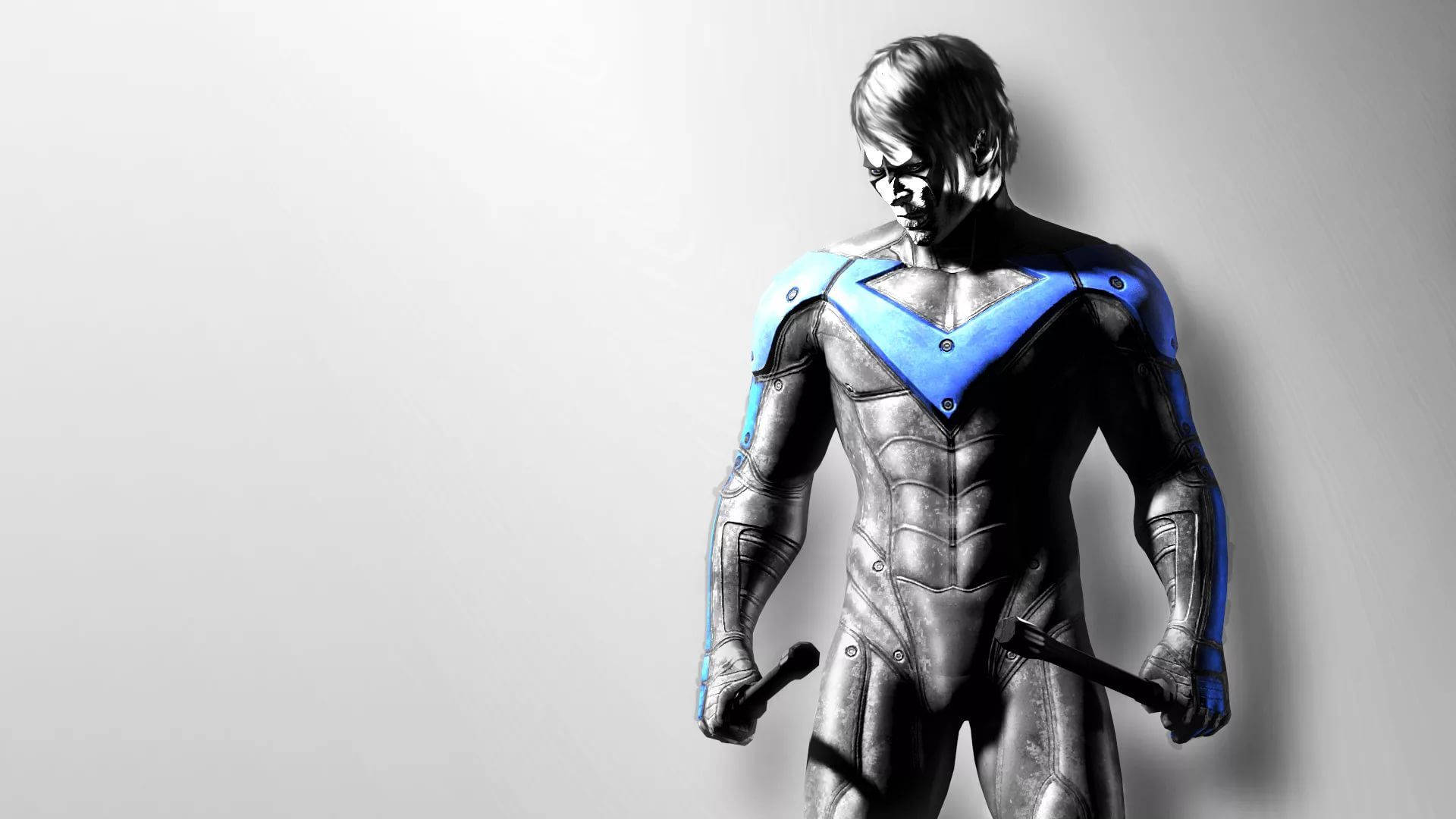 Nightwing 桌布 壁紙 — 一個身穿金屬套裝、帶有藍色點綴的超級英雄站在純灰色背景前，手持兩根警棍。