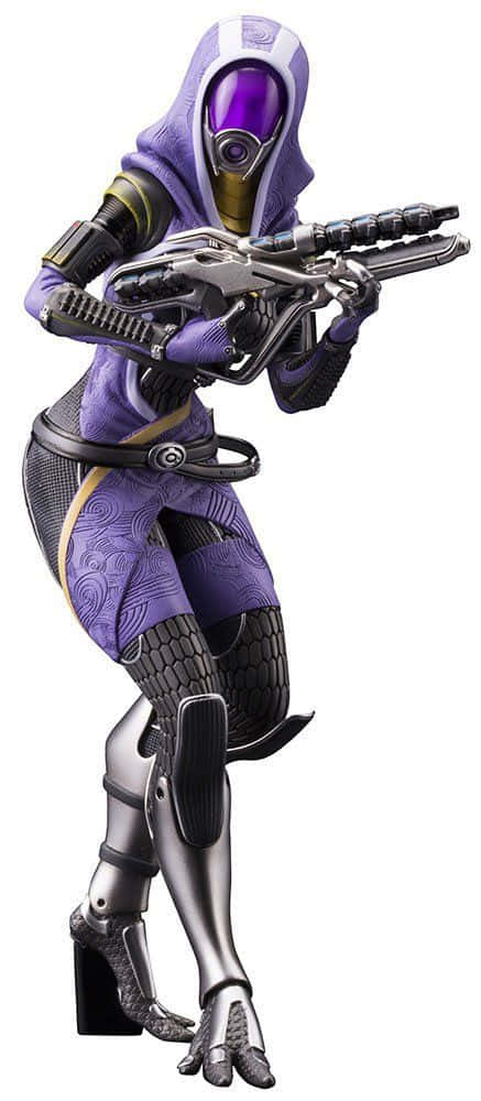 Mass Effect Legion 桌布 壁紙 — 一個身穿金屬盔甲、戴著紫色兜帽的未來戰士，正用一把帶有發光護目鏡的科幻武器瞄準。