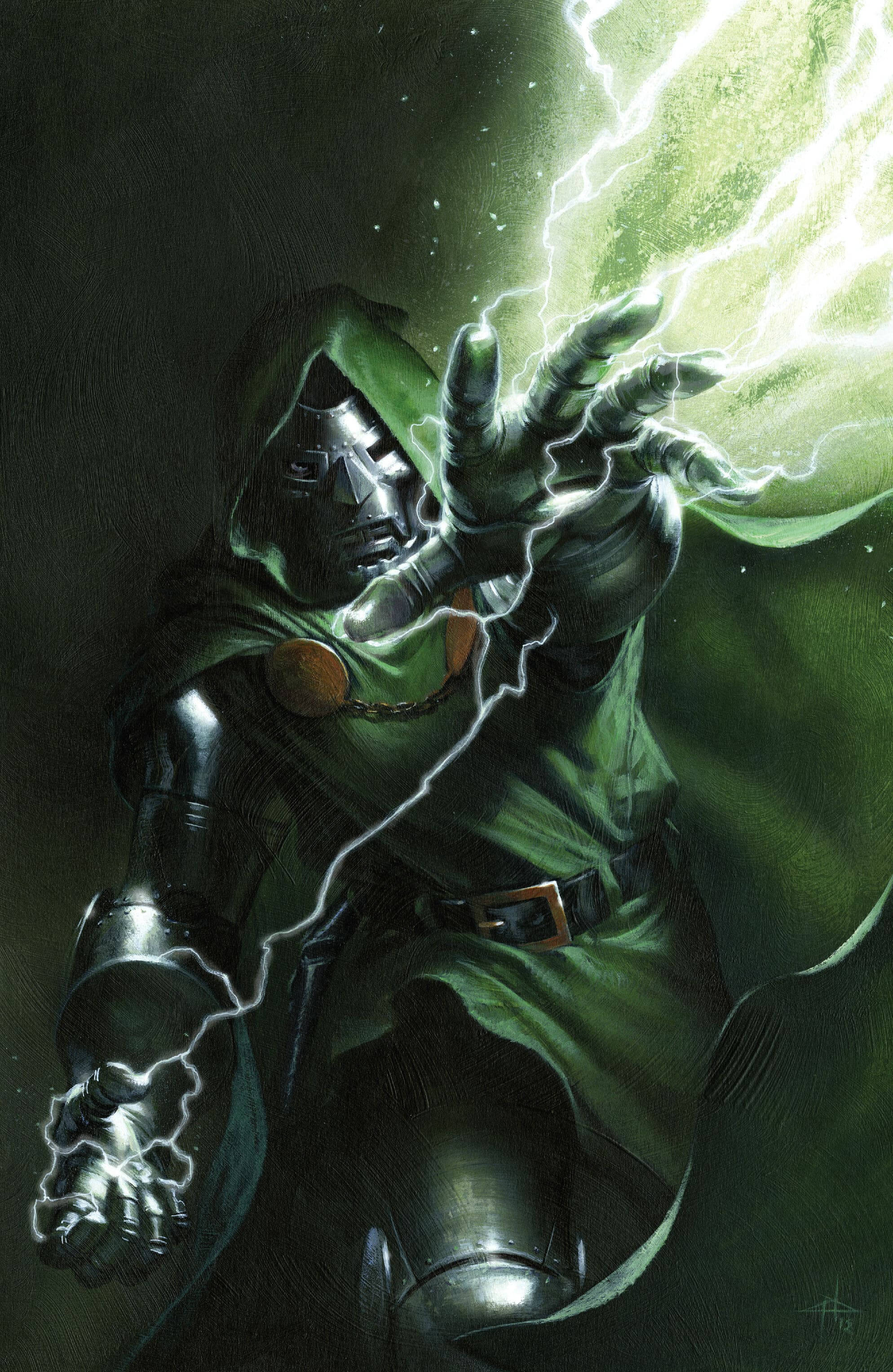 Doctor Doom 桌布 壁紙 — 一個身穿金屬盔甲的披風身影，在黑暗背景下從伸出的手中釋放出噼啪作響的綠色閃電。