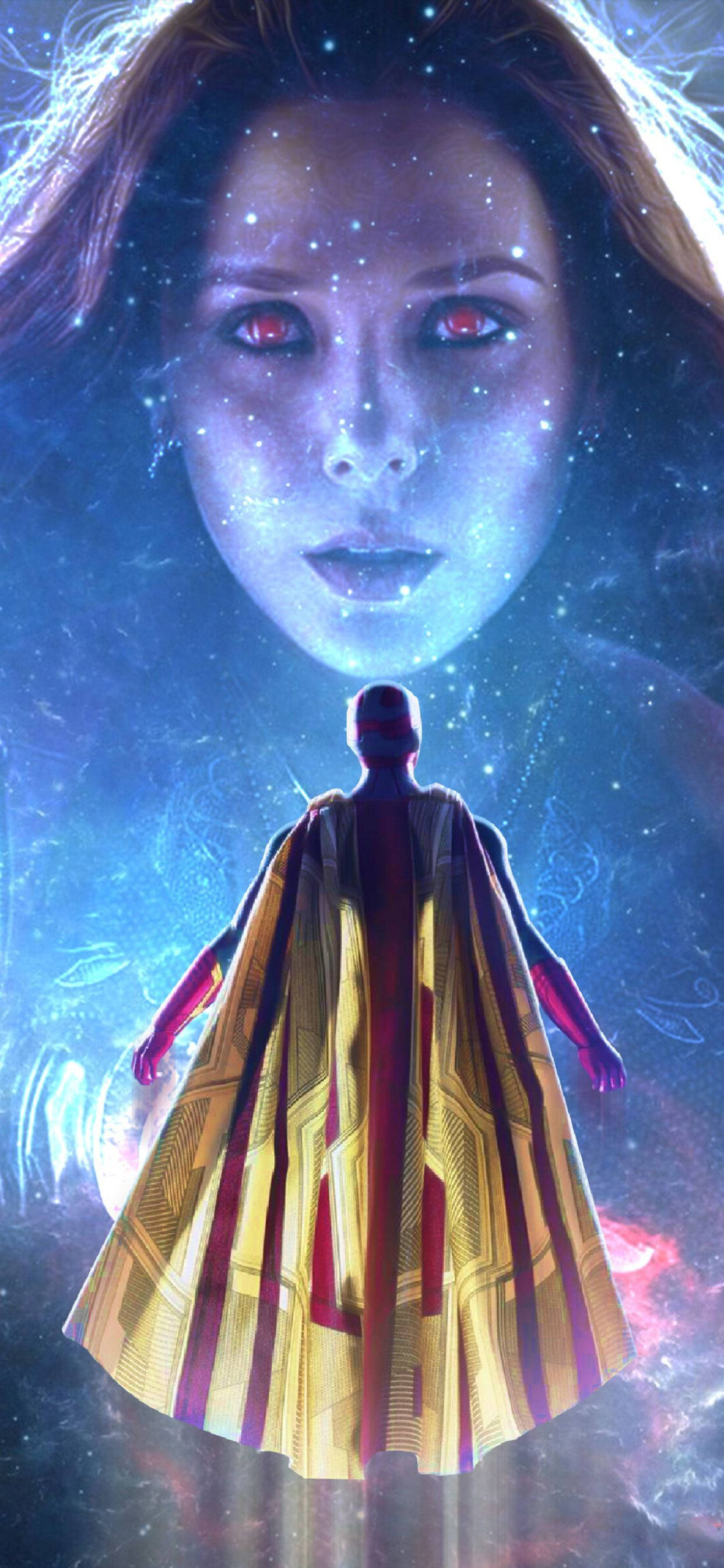 Wandavision 桌布 壁紙 — 一個身穿金色斗篷的人物站在一個宇宙面孔前，該面孔有發光的紅色眼睛和星點皮膚，背景是星雲。