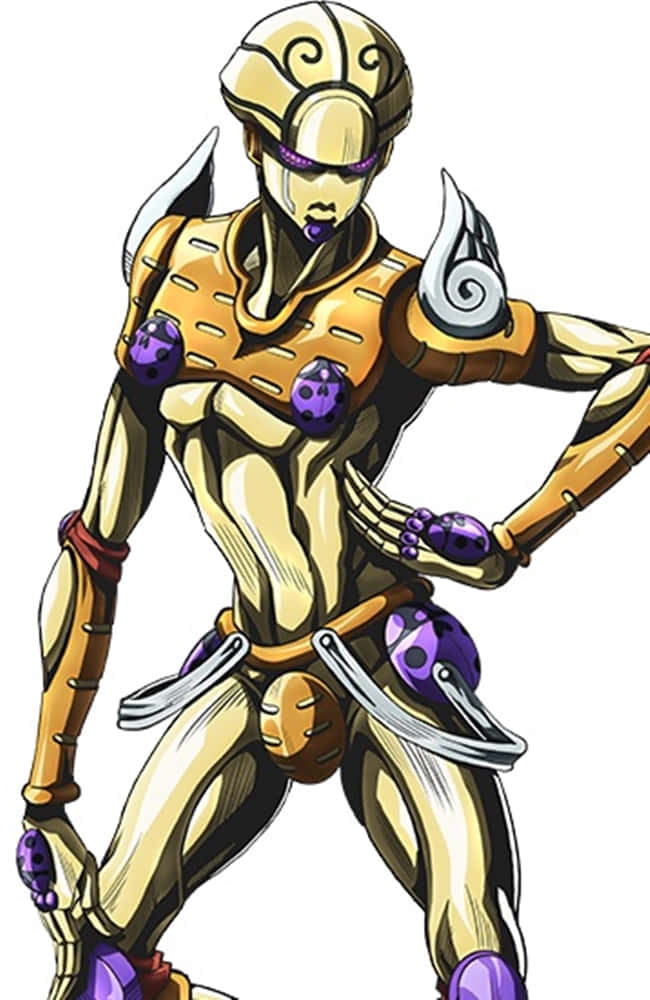 Gold Experience Jojo 桌布 壁紙 — 一個身穿金色盔甲、帶有紫色點綴和華麗頭盔的動漫角色，自信地站在白色背景前。