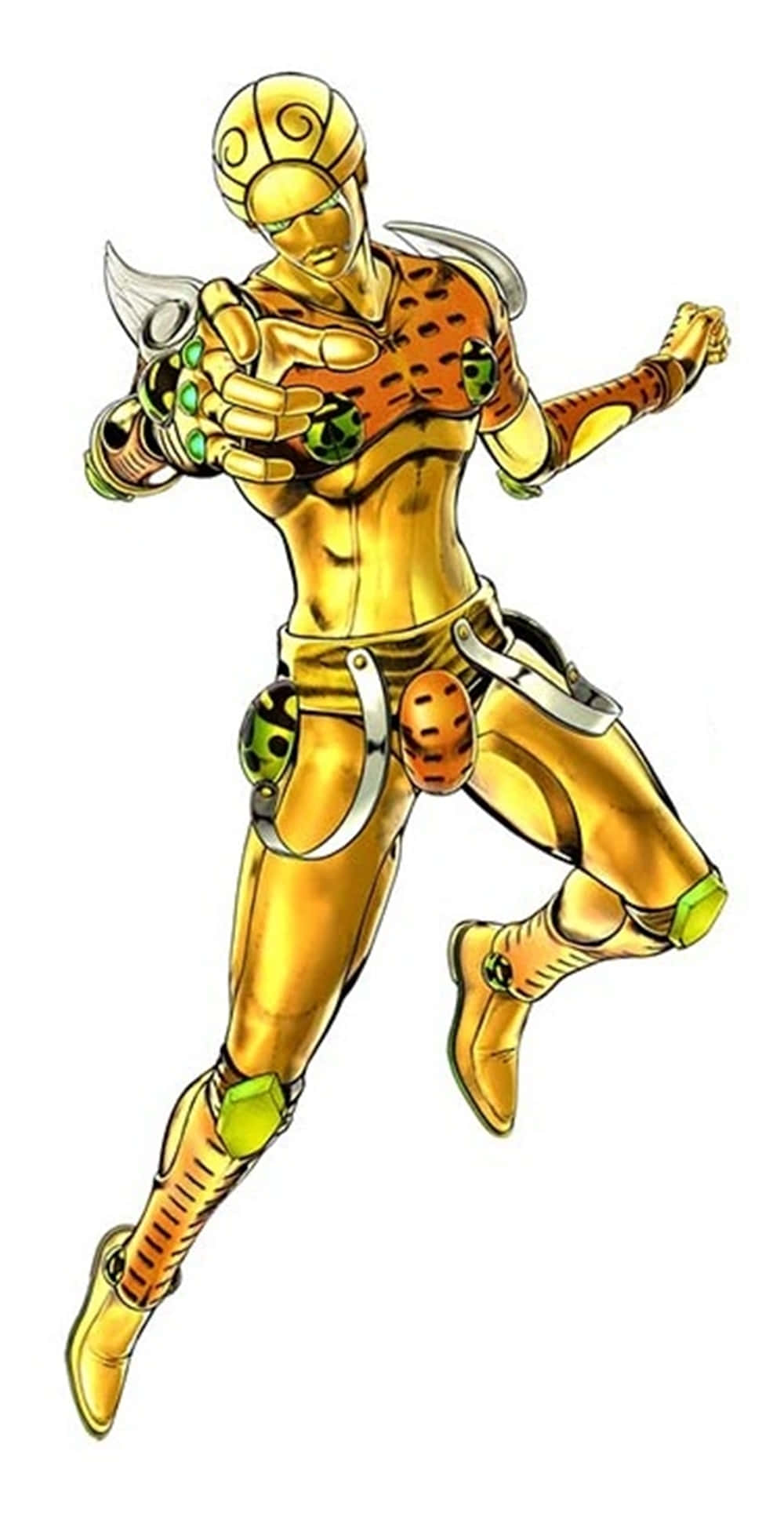 Gold Experience Jojo 桌布 壁紙 — 一個身穿金色盔甲、帶有綠色點綴和頭盔的動漫角色，在白色背景前擺出動態戰鬥姿勢。