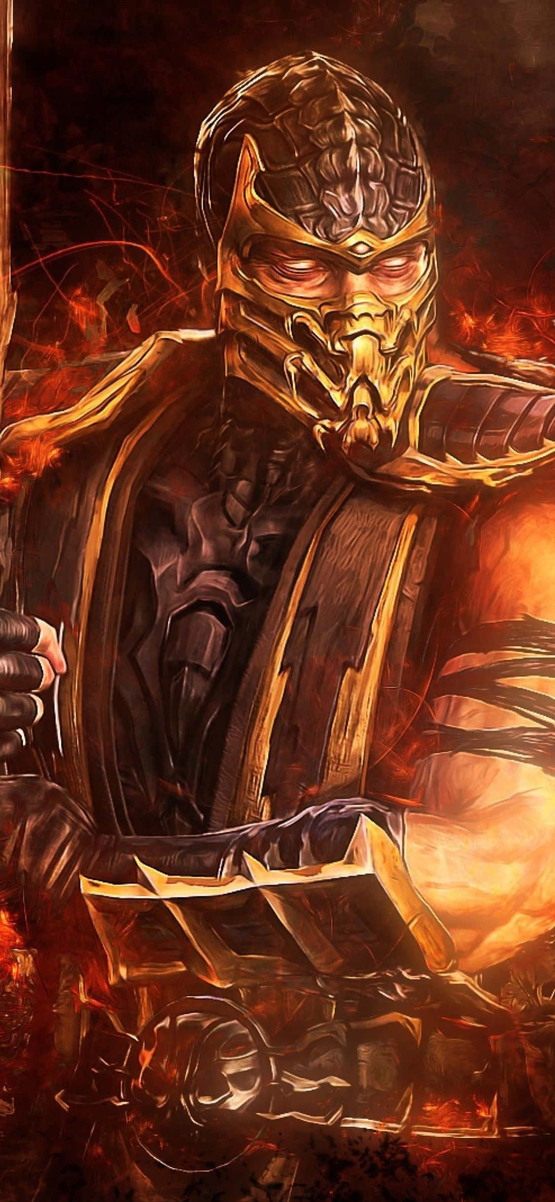 Mortal Kombat iPhone 桌布 壁紙 — 一個身穿金色盔甲、戴著面具的威脅性戰士，站在旋轉的火焰中，眼睛發出紅光。