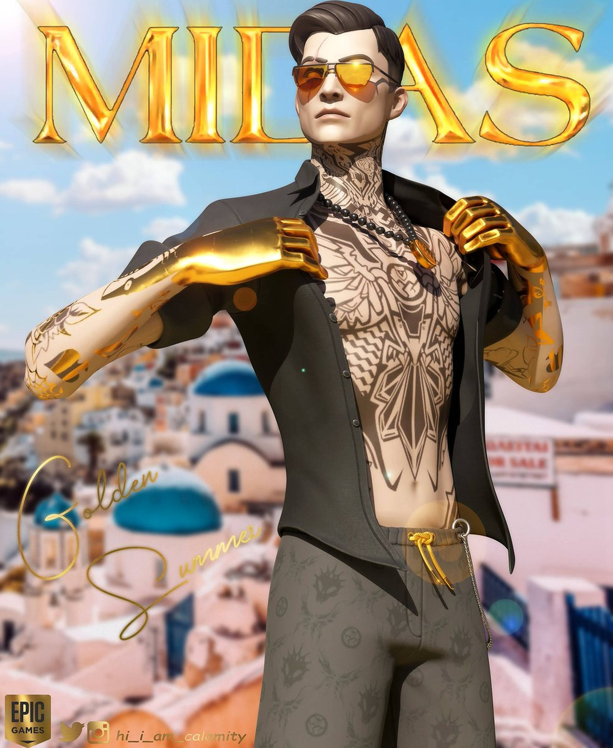 Midas 桌布 壁紙 — 一個身穿金色盔甲、有刺青和戴太陽眼鏡的男人，自信地站在陽光普照的地中海小鎮背景下。