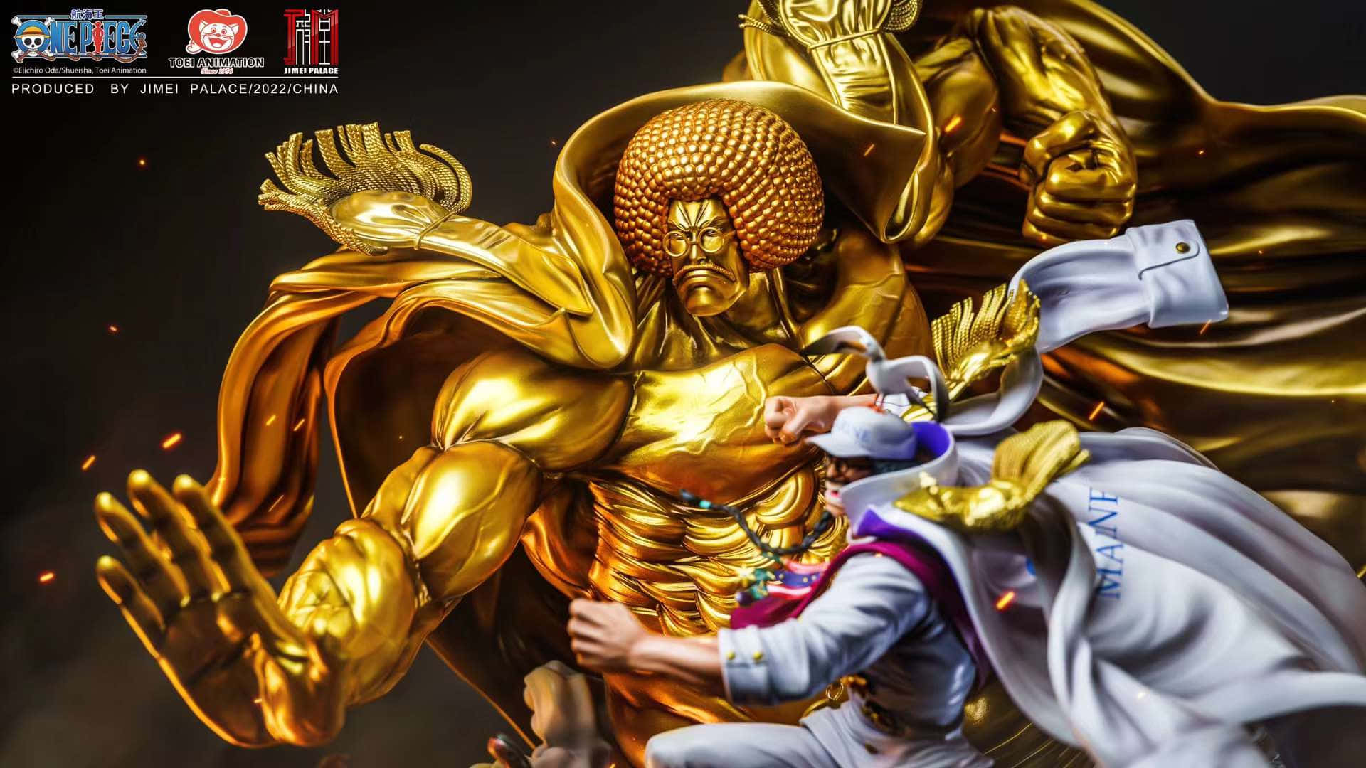 Sengoku 桌布 壁紙 — 一個身穿金色盔甲、留著爆炸頭的動漫戰士，與一個較小的白袍角色以戲劇性的動作姿勢激烈戰鬥。