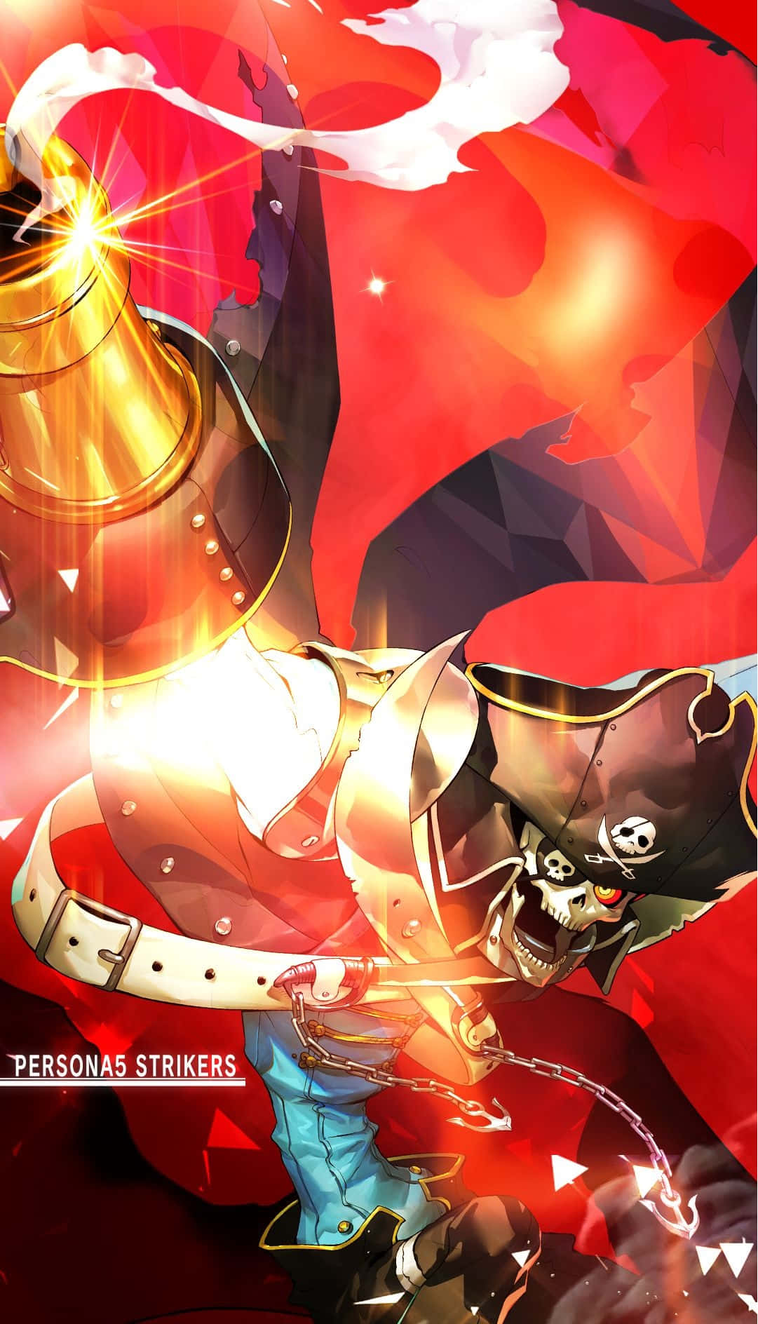 Persona 5 Strikers 桌布 壁紙 — 一個身穿金色盔甲和紅色斗篷的骷髏海盜，在熾熱的紅色幾何背景前揮舞著發光的大砲。