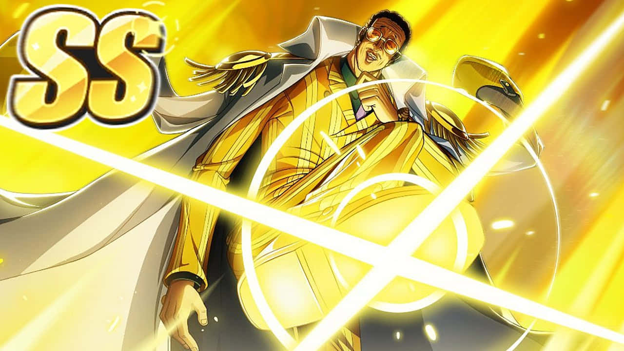 Kizaru 桌布 壁紙 — 一個身穿金色西裝的動態動漫角色在熾熱的黃色背景上釋放出光芒四射的能量攻擊。