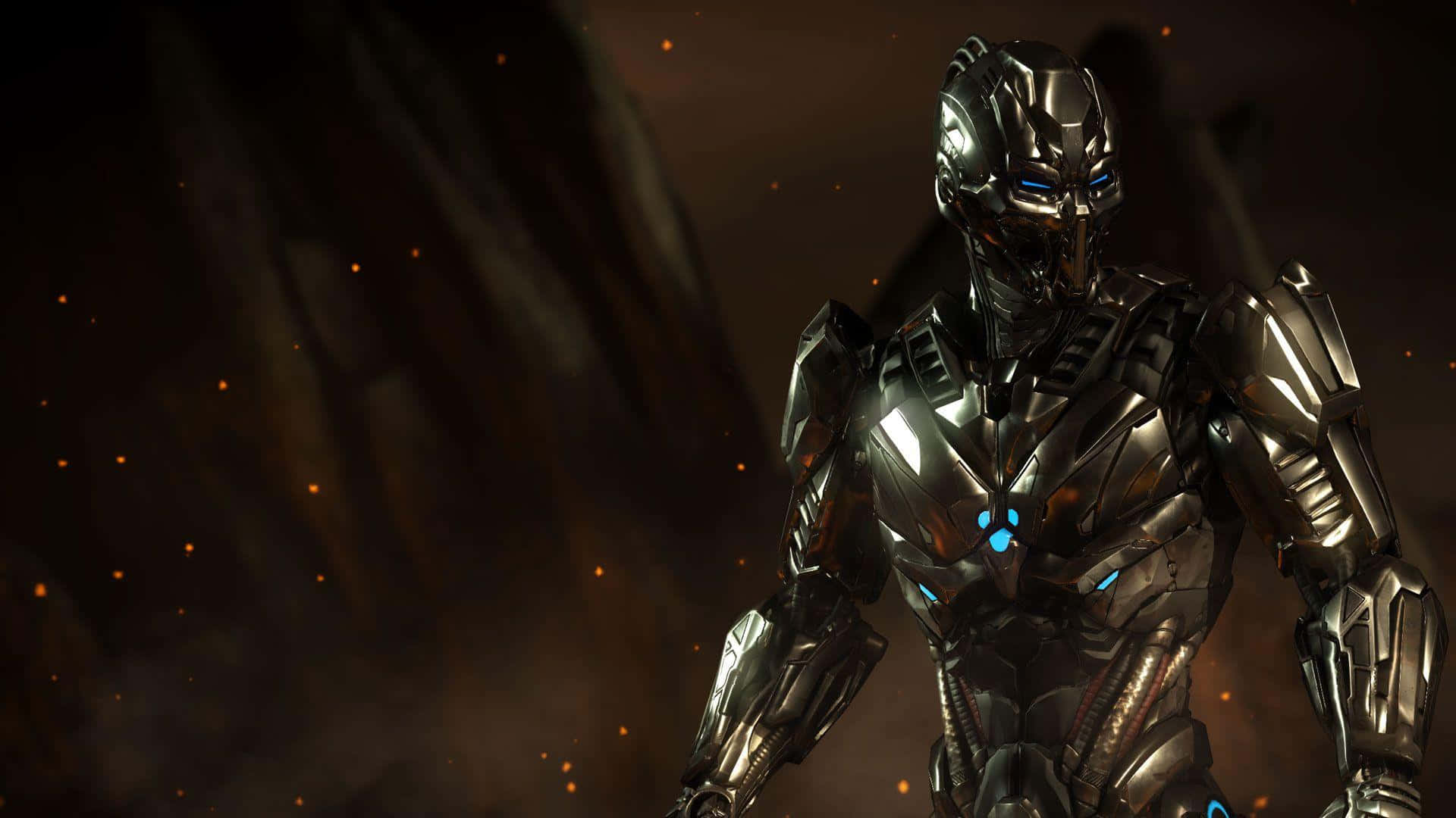Mortal Kombat Triborg 桌布 壁紙 — 一個身穿鉻合金裝甲、帶有發光藍色眼睛和胸部燈光的威脅性機器人，站在黑暗煙霧背景中，周圍有漂浮的火星。