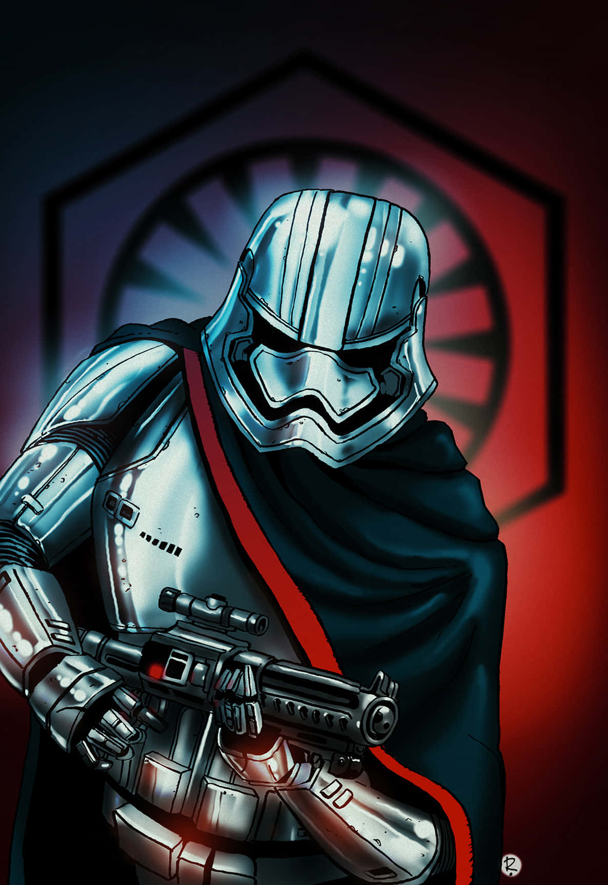 Captain Phasma 桌布 壁紙 — 一個身穿銀色盔甲、威風凜凜的第一軍團風暴兵，在紅色和黑色六邊形標誌背景下手持爆能槍。
