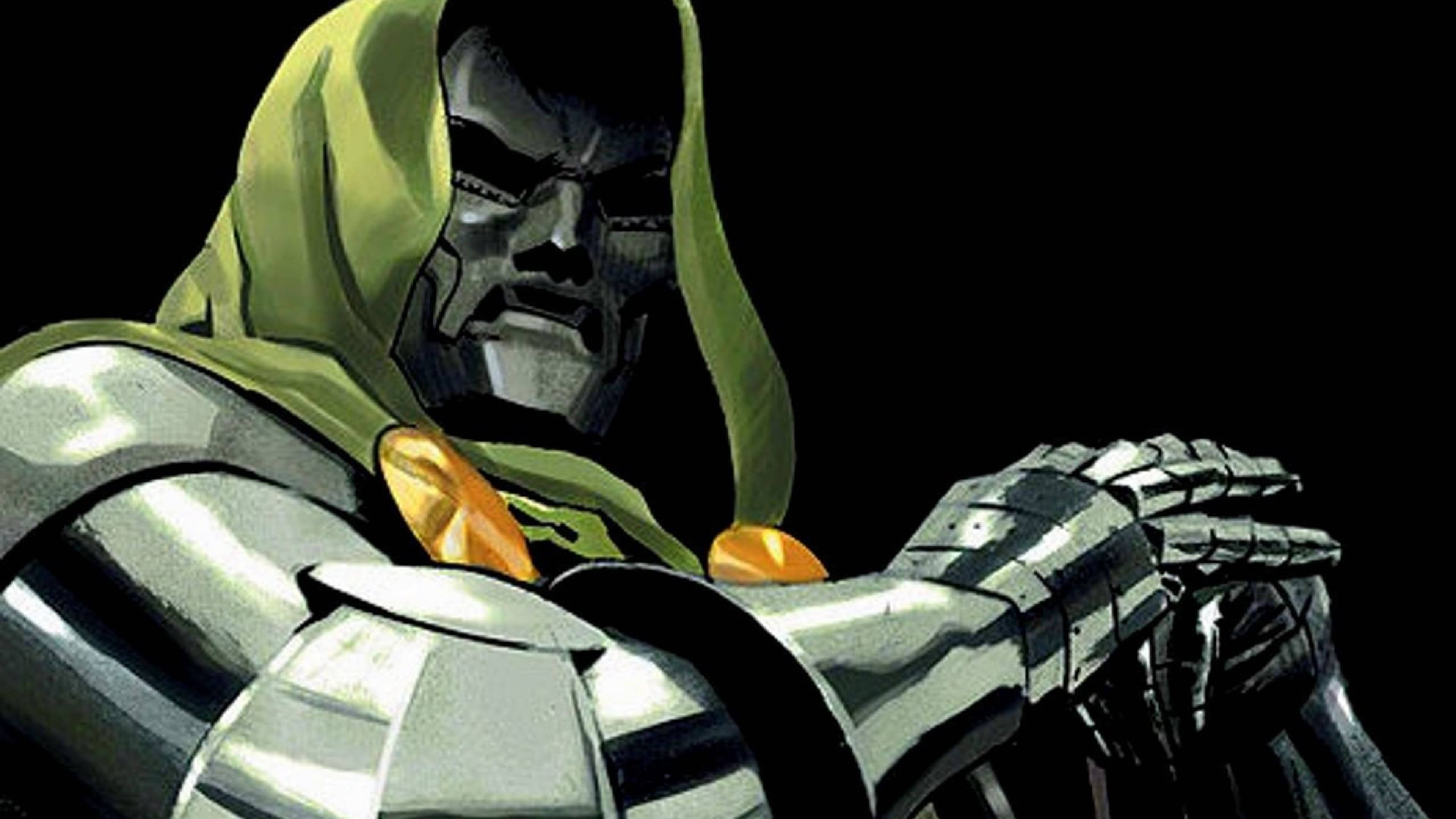 Doctor Doom 桌布 壁紙 — 一個身穿銀色盔甲和綠色兜帽、戴著發光橙色手套的威脅性人物，背景為黑色。