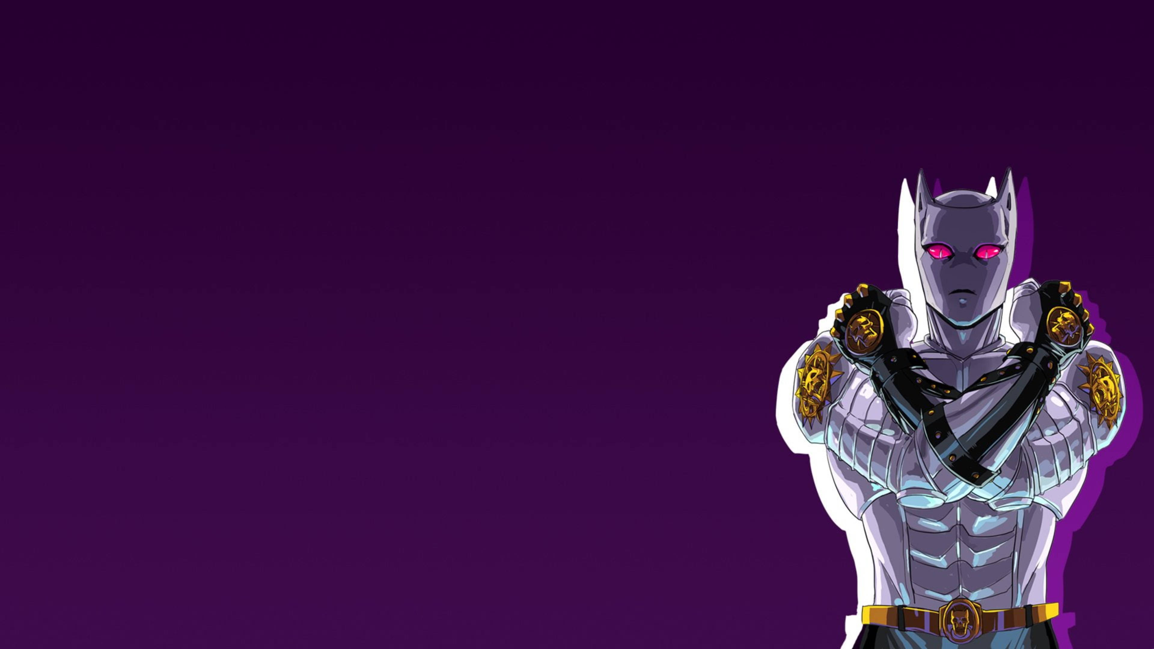 jojo 4K 桌布 壁紙 — 一個身穿銀色盔甲的動漫角色，擁有發光的粉紅色眼睛，自信地站在深紫色漸變背景前。