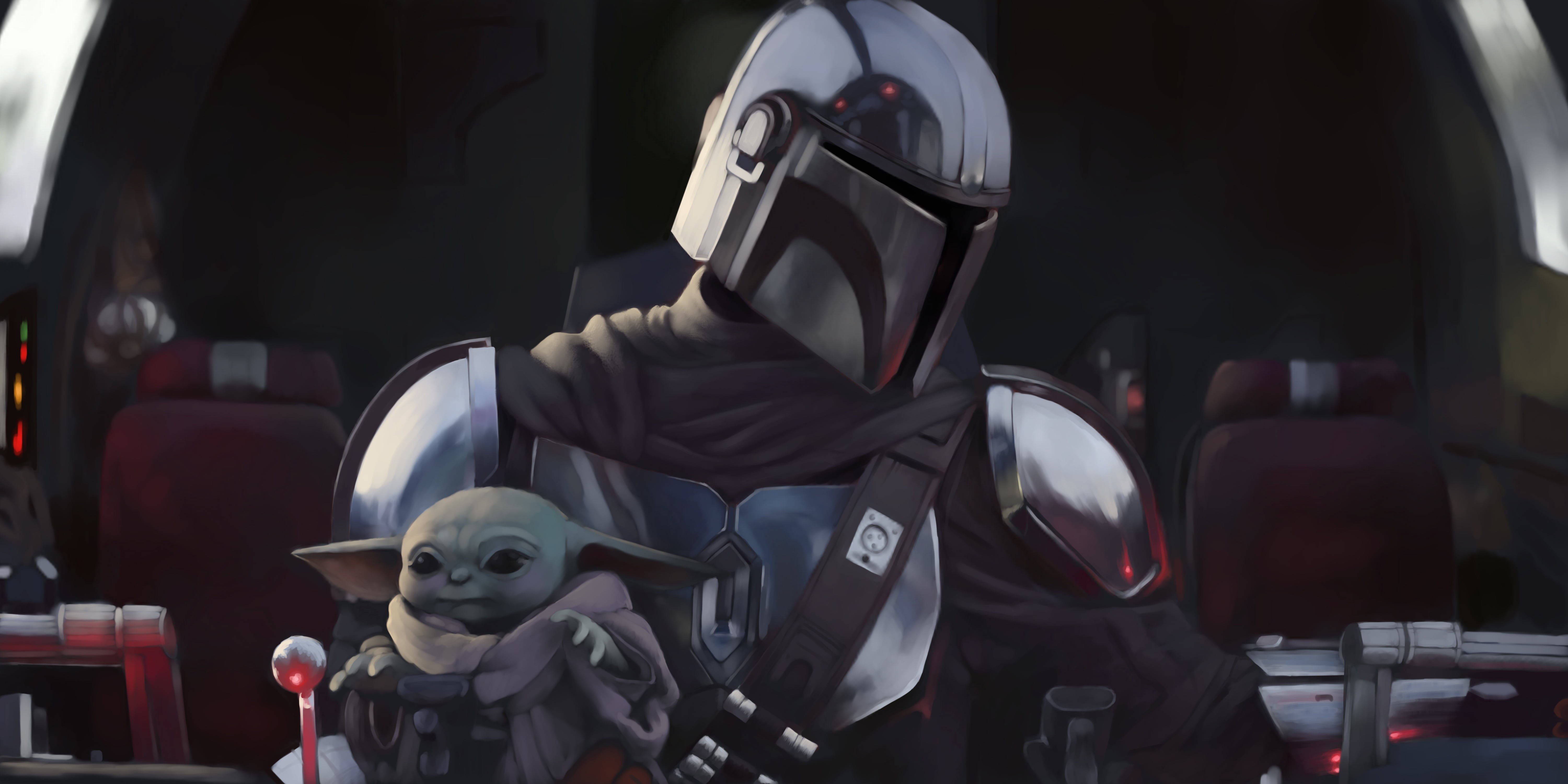Mandalorian And Baby Yoda 桌布 壁紙 — 一個身穿銀色盔甲的曼達洛人在燈光昏暗的太空船駕駛艙中抱著一個綠色小孩。