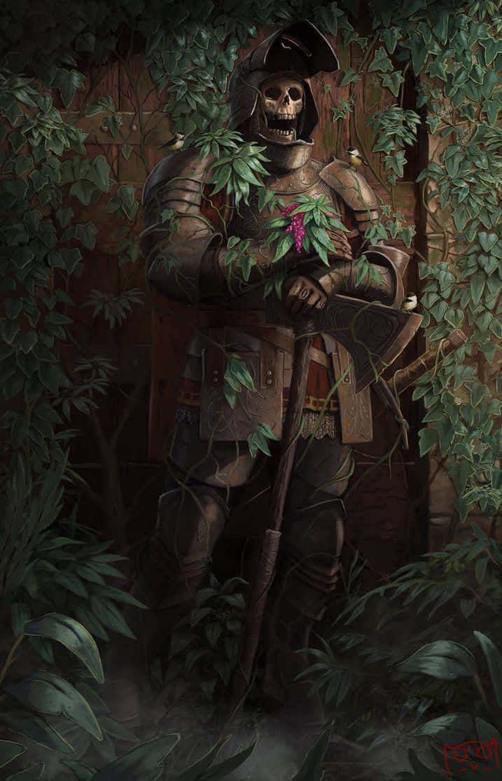 骷髏動圖 桌布 壁紙 — 一個身穿鏽蝕盔甲的骷髏騎士，站在雜草叢生的樹葉中，手持一根帶有紫色花朵的法杖。
