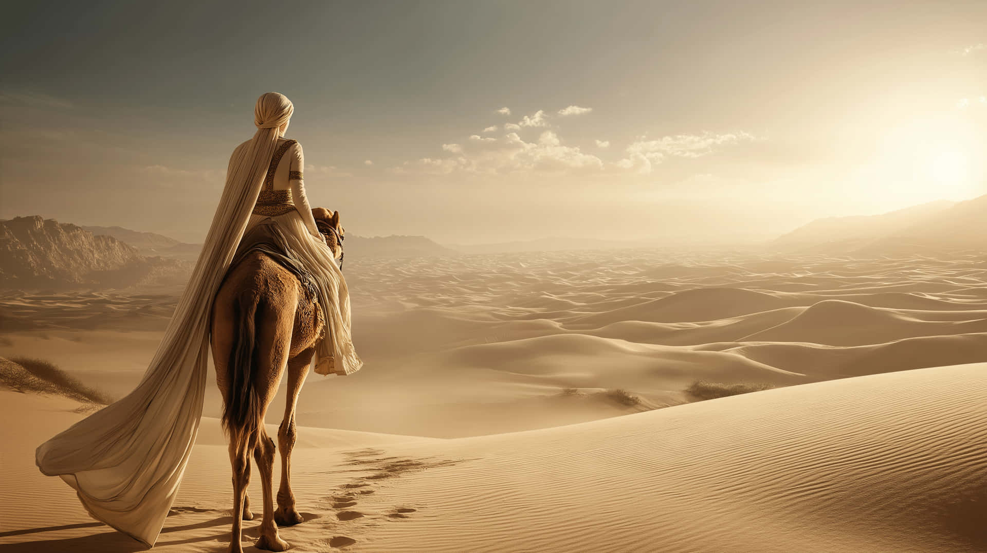 Solitary Figure on Camel, Desert Journey at Golden Sunset 壁紙 — 一個身穿長袍的人物騎著駱駝在沙丘頂上，俯瞰著朦朧太陽下無盡的金色沙丘。