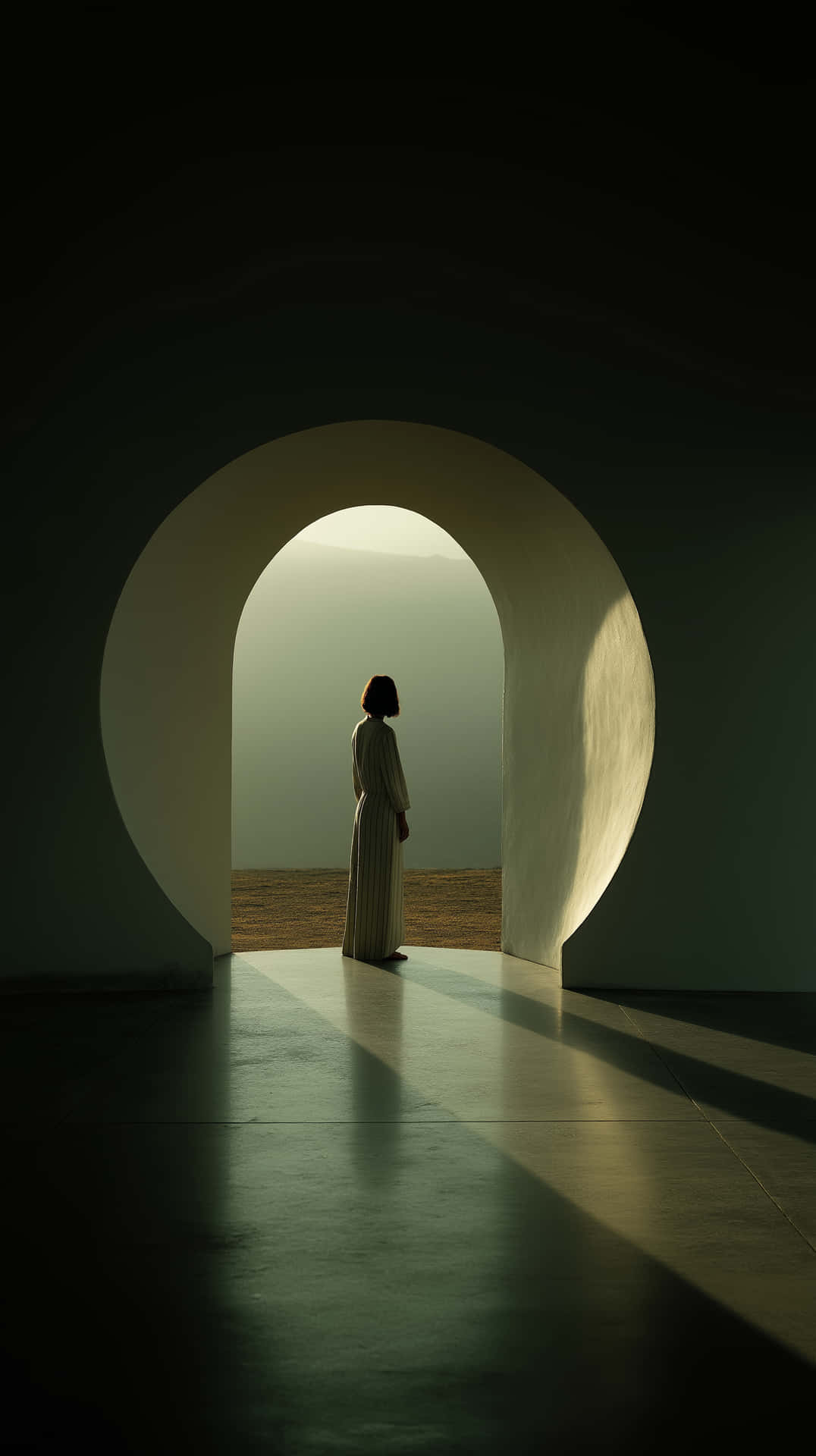 Solitary Figure in Glowing Archway Over Misty Water at Sunset 壁紙 — 一個身穿長袍的孤獨身影，被發光的圓形拱門框住，凝視著朦朧的沙漠地平線。