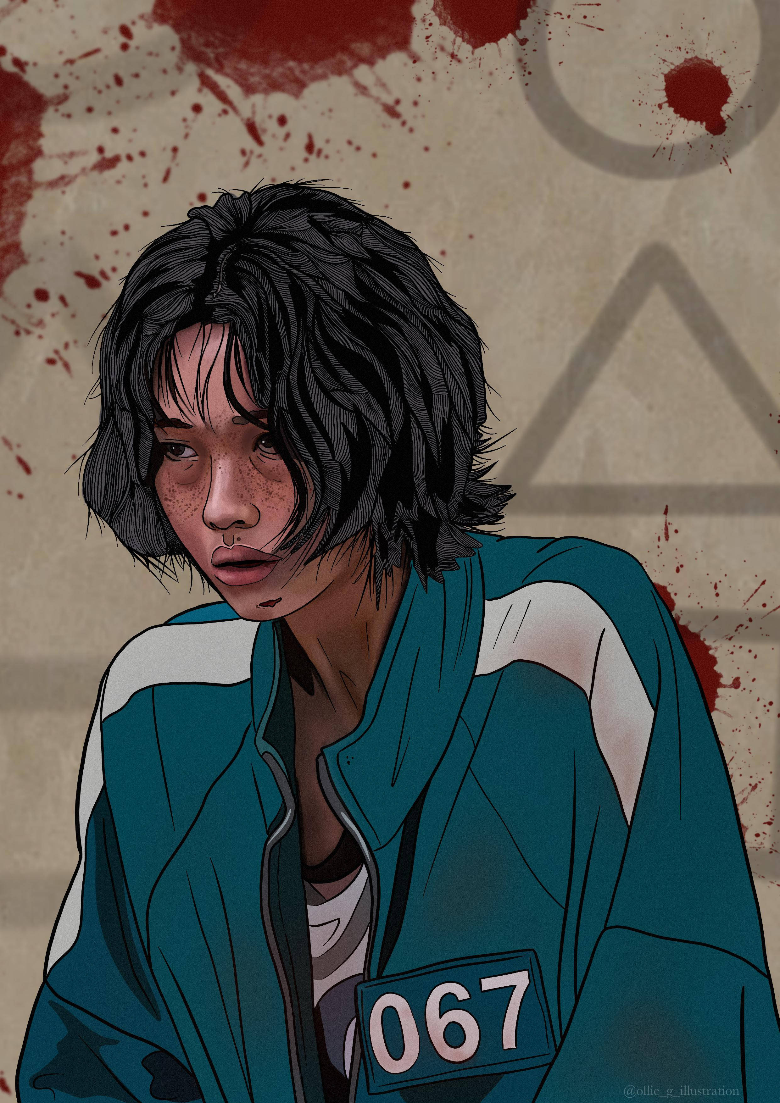 game 桌布 壁紙 — 一個身穿青綠色號碼外套的苦惱動漫女孩，睜大眼睛凝視著帶有三角形符號的血跡斑斑的牆壁。