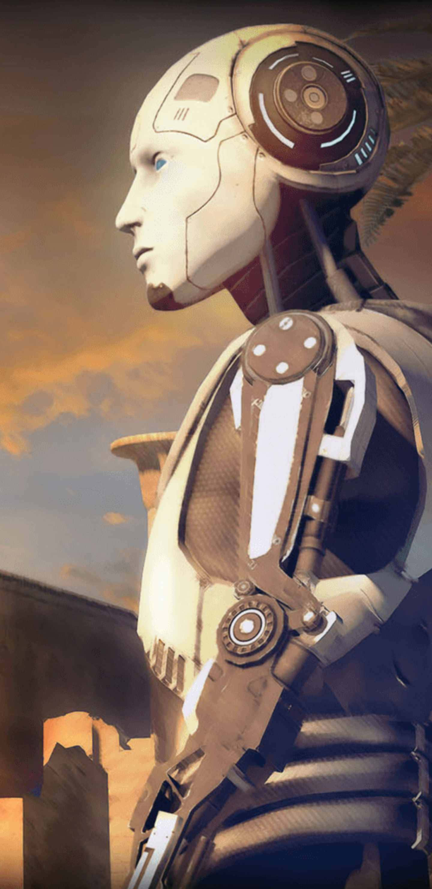 電玩遊戲 桌布 壁紙 — 一個身穿風化白色和棕色裝甲身體的人形機器人，側面站立在溫暖的日落天空背景下。
