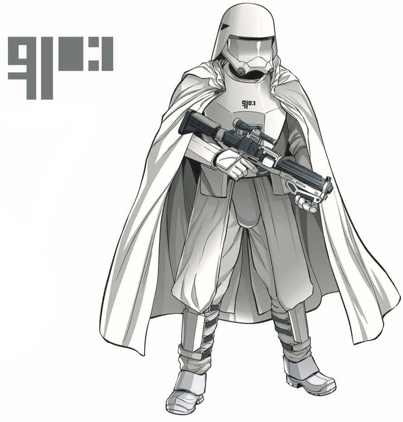 The First Order 桌布 壁紙 — 一個身穿飄逸斗篷的單色動畫風格風暴兵，手持爆能步槍，線條銳利，陰影分明。