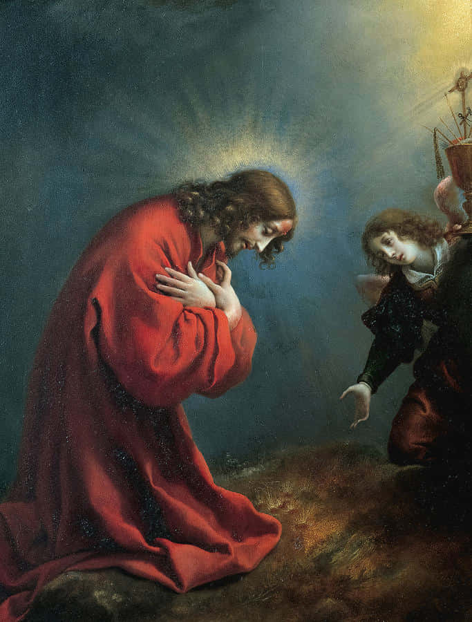 Jesus Praying 桌布 壁紙 — 一個身穿飄逸紅袍的人物跪地祈禱，同時一位發光的天使從上方的金色光芒中降臨。