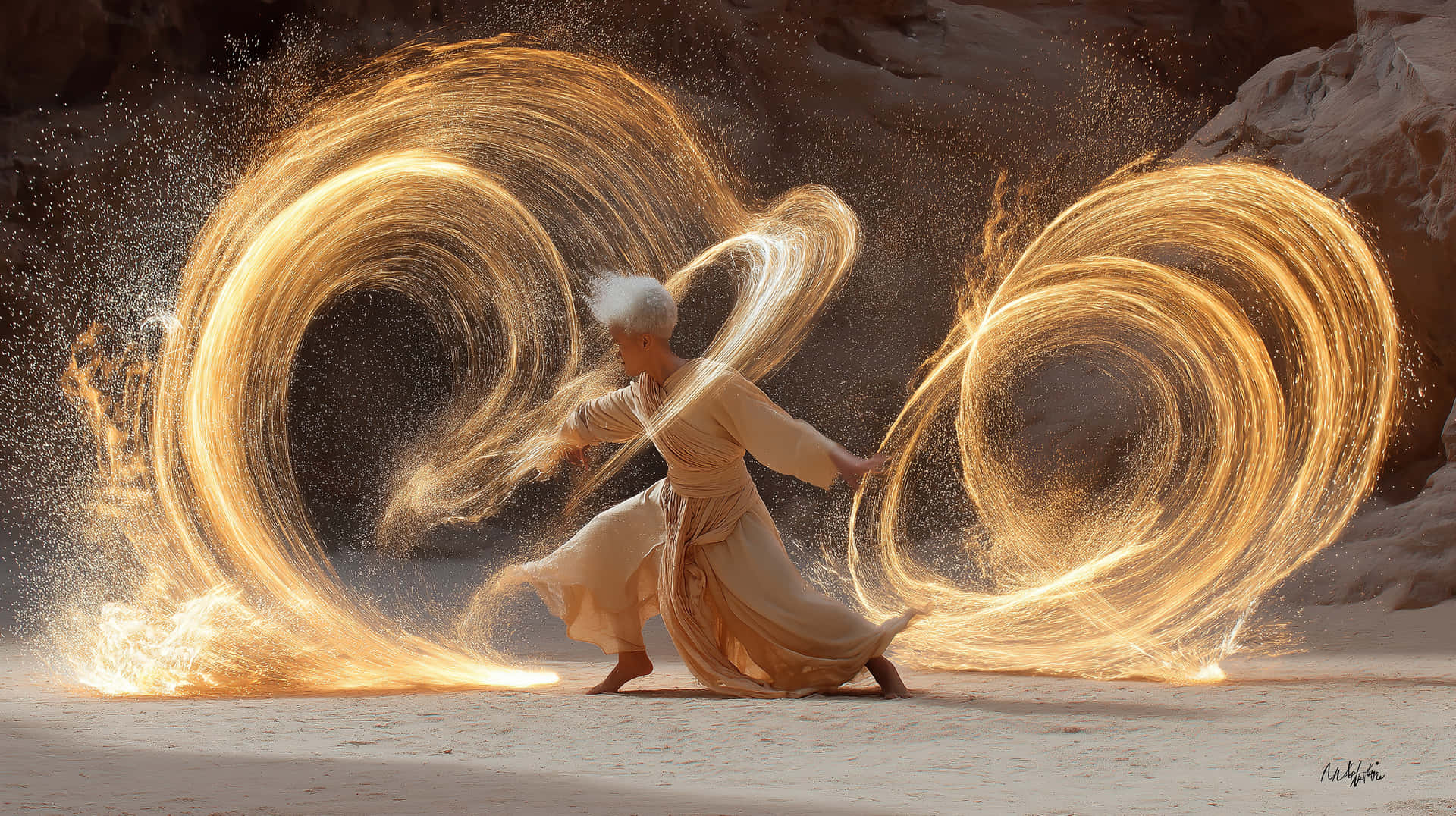Mystical Fire Dancer in Desert Sands, Dynamic Light Trails 壁紙 — 一個身穿飄逸長袍的人物在沙漠峽谷的日落時分操控著旋轉的金色能量。