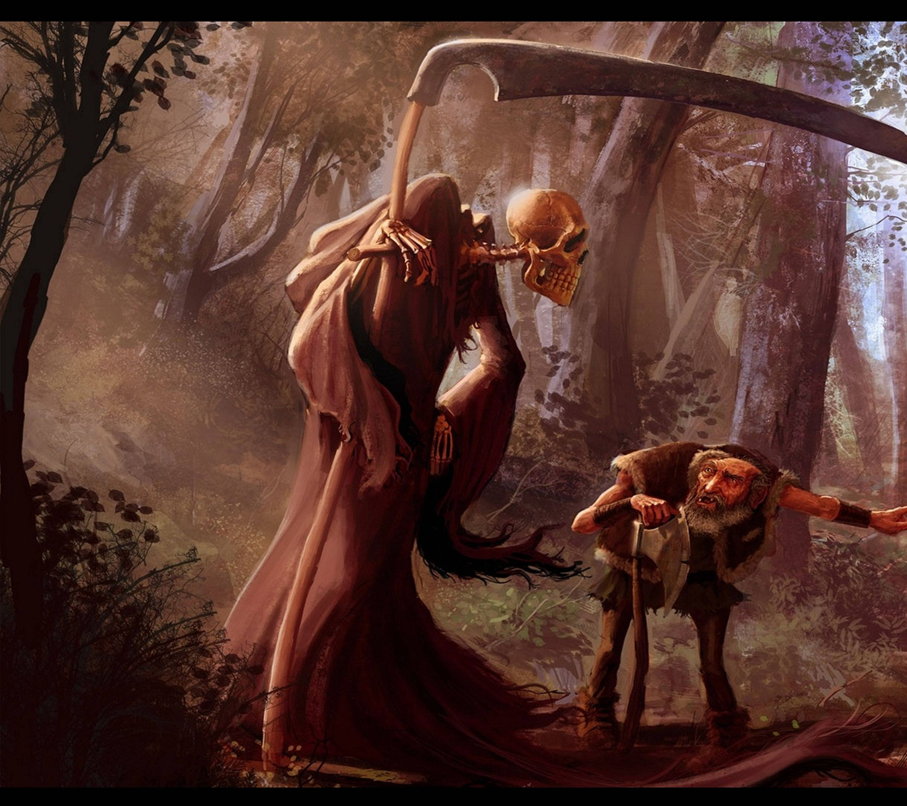 reaper 桌布 壁紙 — 一個身穿飄逸長袍的骷髏死神，在迷霧森林中籠罩著一個驚恐的老人。