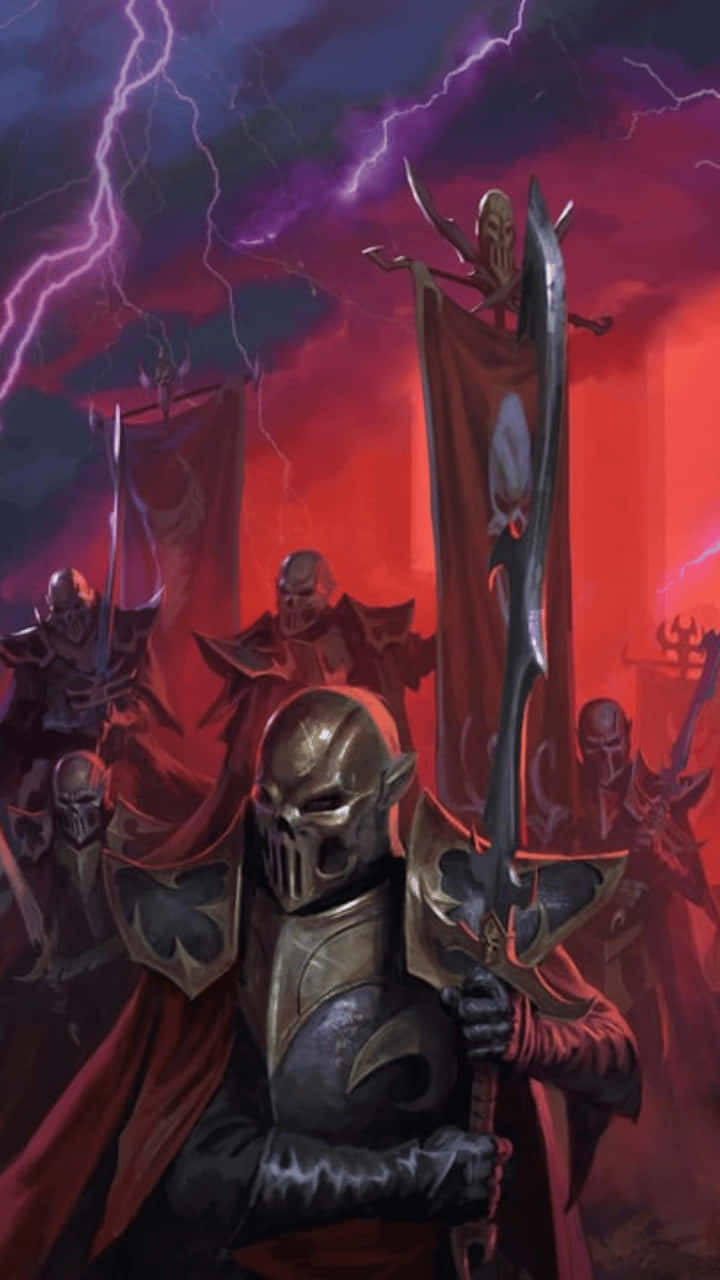 Android Total War Warhammer Ii 桌布 壁紙 — 一個身穿骷髏盔甲的陰沉騎士，在雷電交加的暴風雨紅紫色天空下，率領一支黑暗戰士軍團。