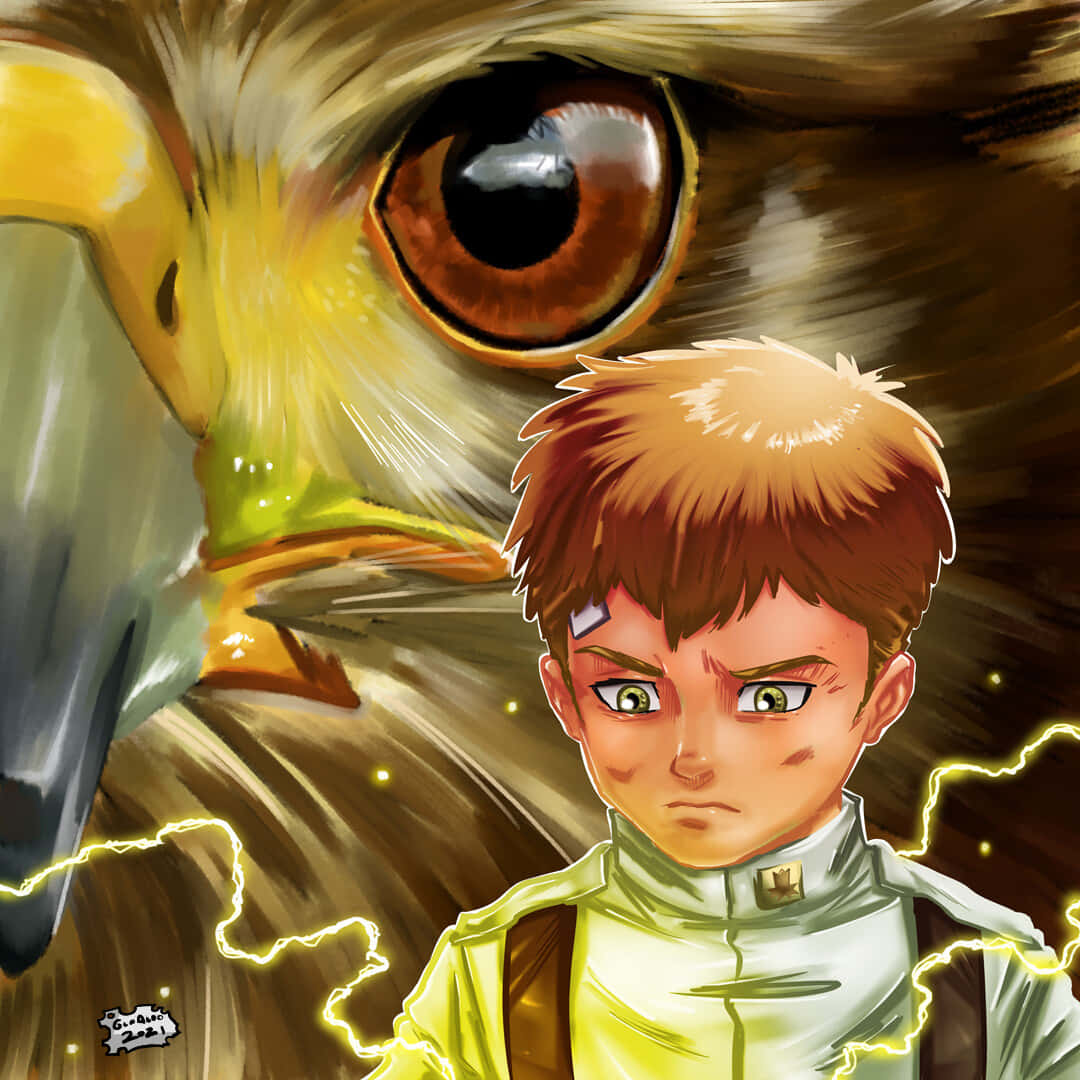 Falco Grice 桌布 壁紙 — 一個身穿黃色制服、意志堅定的動畫男孩，站在一隻巨鷹的銳利目光前，周圍閃電劈啪作響。