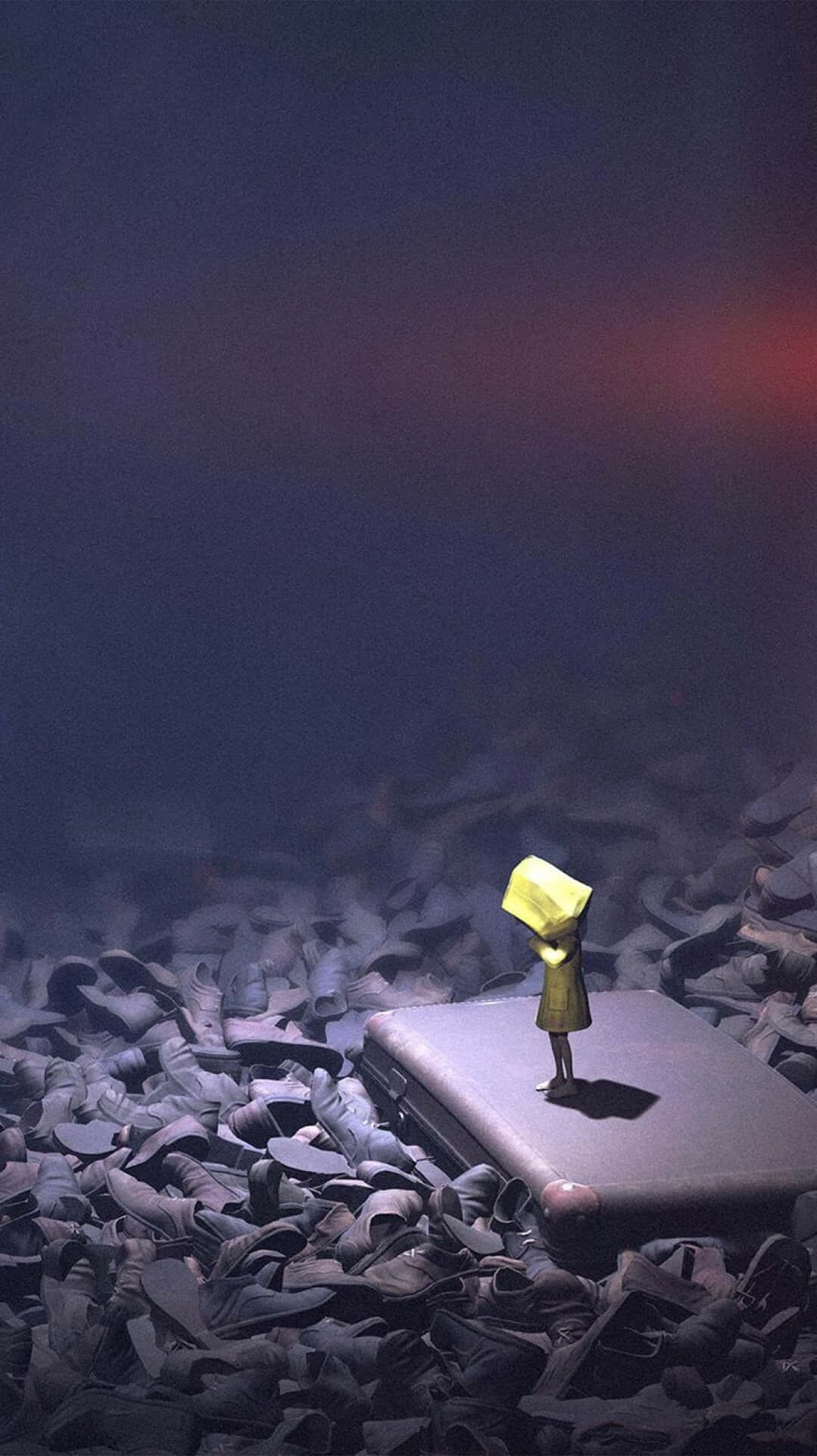 一個黃色小人站在手提箱上，置身於鞋海之中，背景是黑暗的天空。 — 鞋子 GIF 壁紙