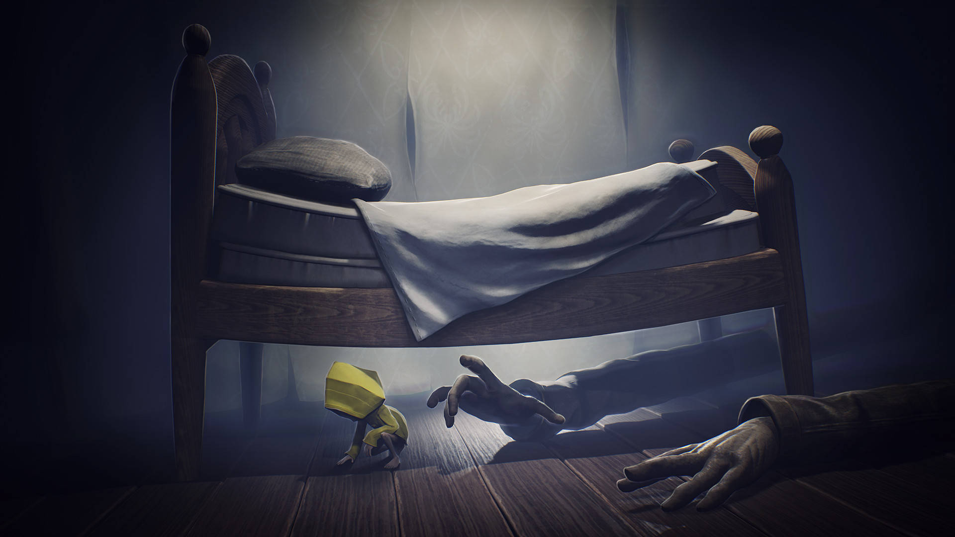 Nightmares 桌布 壁紙 — 一個身穿黃色衣服的小身影蹲在木床下，幽靈般的手從地板伸出，房間光線昏暗。