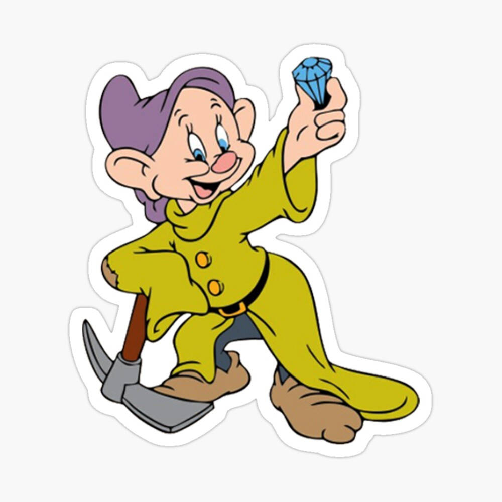 Dopey 桌布 壁紙 — 一個身穿黃色衣服的快樂卡通矮人，自豪地高舉一顆藍色鑽石，同時緊握著一把鎬。