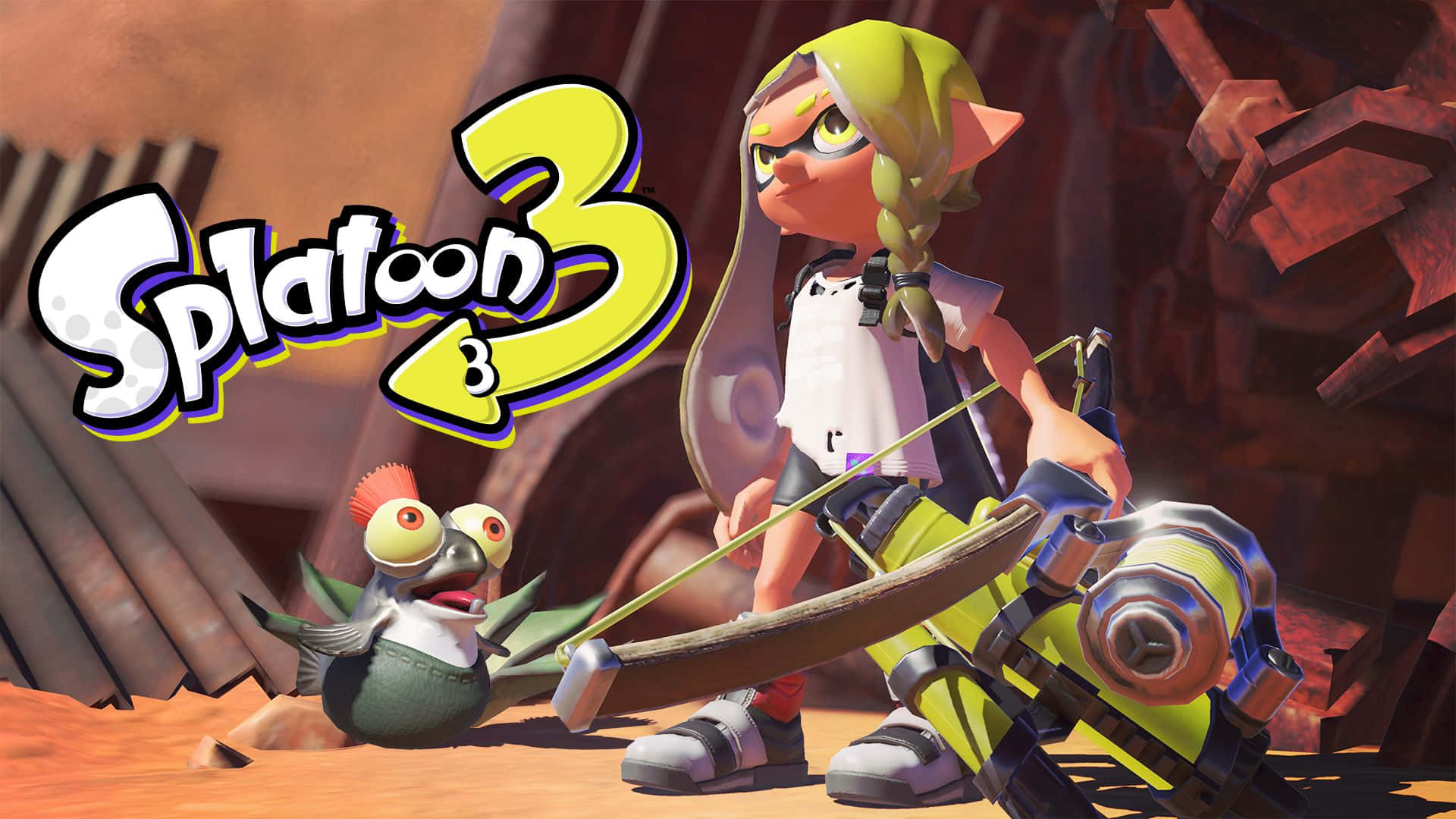 斯普拉遁 桌布 壁紙 — 一個身穿黃色裝備的Splatoon 3角色在生鏽的工業環境中，旁邊有一隻細小鳥類生物，正瞄準武器。