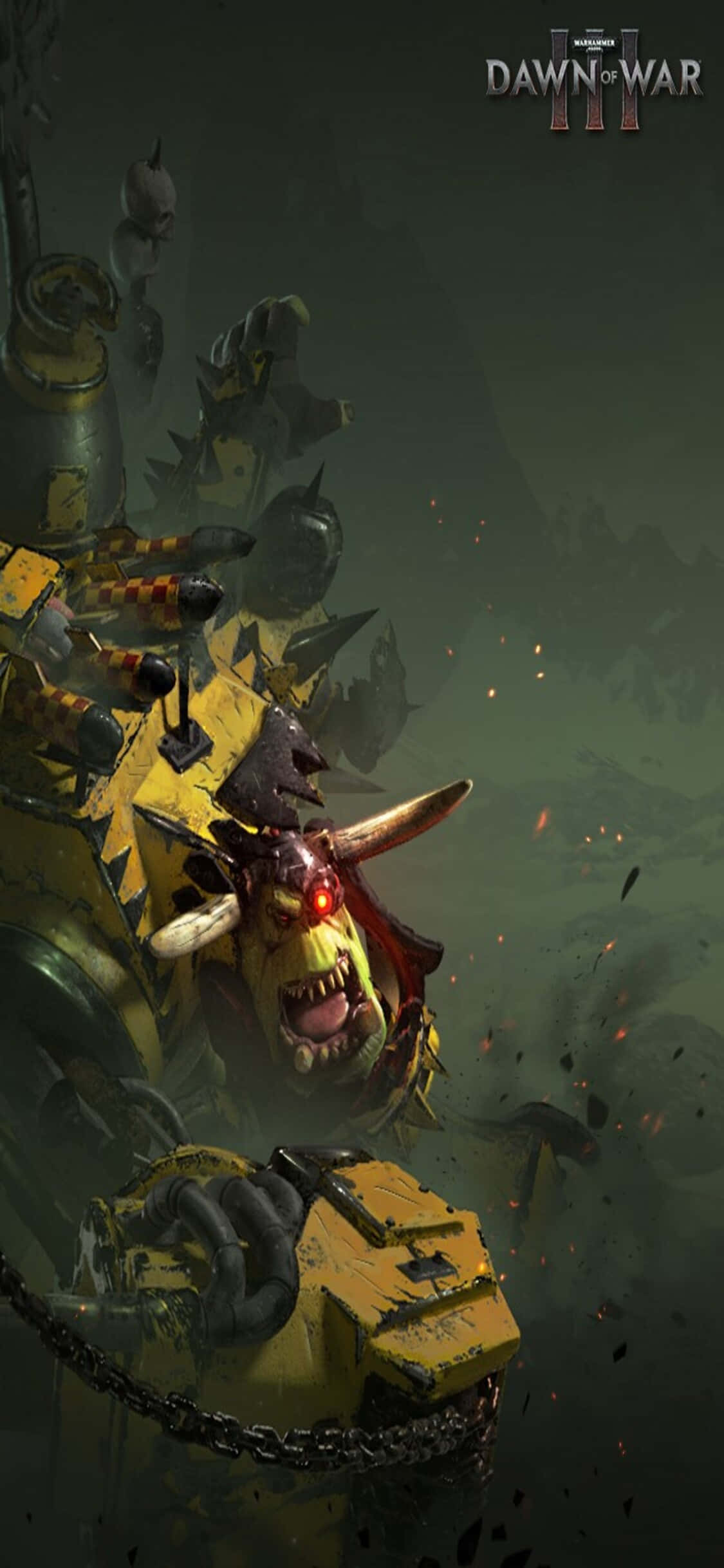 iPhone X Dawn Of War Iii 桌布 壁紙 — 一個身穿黃色裝甲、眼睛發出紅光的兇猛戰爭頭目在黑暗戰場的煙霧和火花中咆哮。