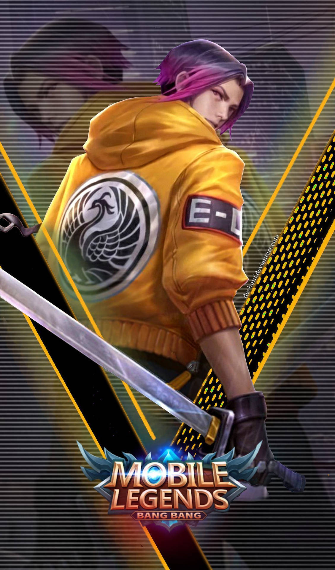 Mobile Legends 動態圖 桌布 壁紙 — 一個身穿黃色連帽衫的風格化動漫戰士，手持劍在霓虹賽博龐克背景中發光。