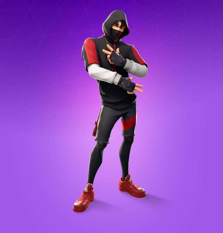 Fortnite Ikonik Skin 桌布 壁紙 — 一個身穿黑、紅、白連帽衫、面具和手套的 Fortnite 角色在紫色漸變背景前擺姿勢。