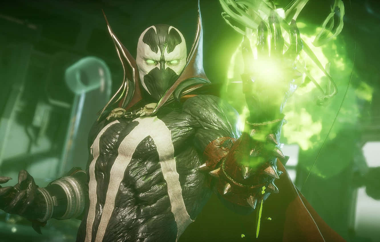 Mortal Kombat 11 Spawn 桌布 壁紙 — 一個身穿黑白盔甲的威脅性蒙面戰士在黑暗的未來設定中從手中引導發光的綠色能量。