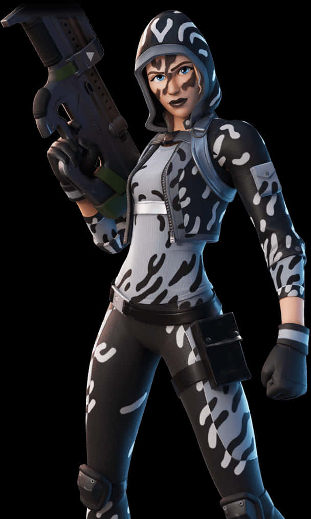 Fortnite Character 桌布 壁紙 — 一個身穿黑白迷彩裝備的女性電子遊戲角色，在黑色背景前手持一把大型未來武器。
