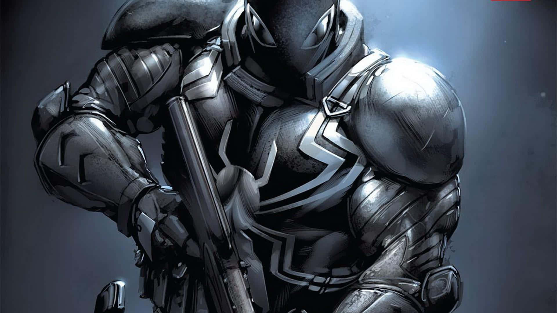 Scary Venom 桌布 壁紙 — 一個身穿黑色和銀色盔甲的威脅性裝甲超級英雄，在黑暗煙霧環境中手持步槍，眼睛發光。