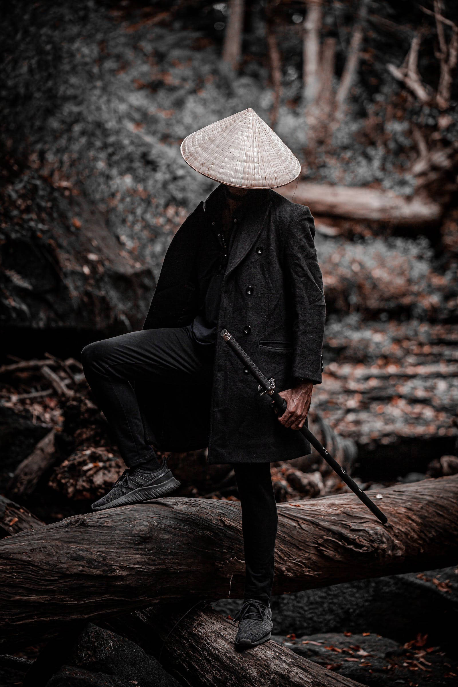 桌布 壁紙 — 一個身穿黑色外套和圓錐形帽子的人物坐在陰暗森林中的一根倒下的木頭上，手持一把帶有隱藏面孔的劍。