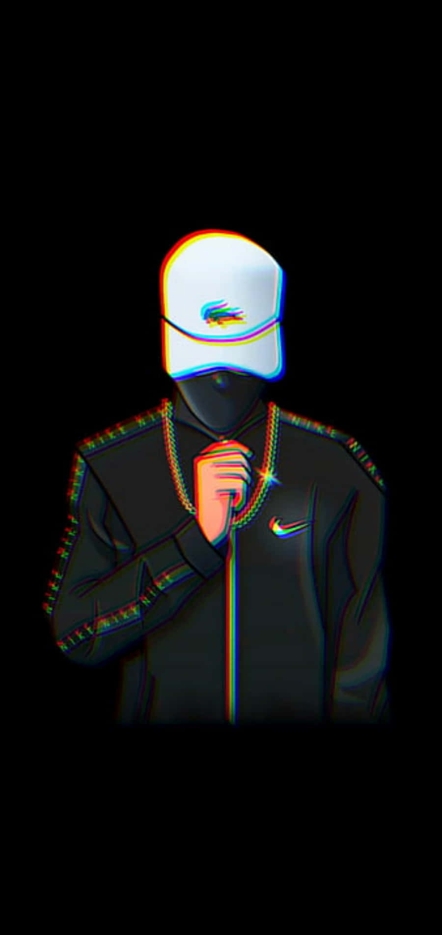 Nike 桌布 壁紙 — 一個身穿黑色外套和白色帽子的故障藝術風格人物，在純黑色背景前握著一條鏈條。